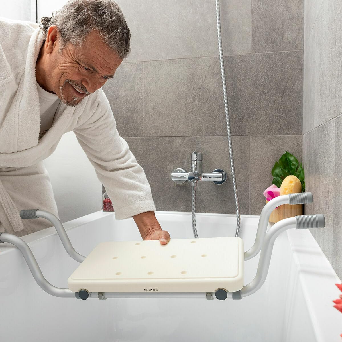 InnovaGoods® 2-in-1 Duschhocker, Rutschfester Duschhocker, ausziehbarer Duschhocker mit 2 Positionen, Duschstuhl für ältere Menschen, Fester Griff, Duschhocker Inklusive Befestigungsmaterial.