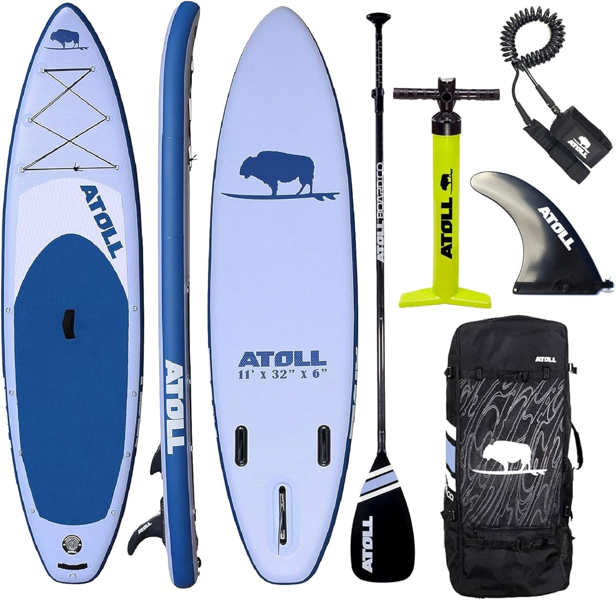 Atoll 11' Foot Inflatable Stand Up Paddle Board (6 Inches Thick, 32 inches Wide) ISUP, Bravo Hand Pump and 3 Piece Paddle, Travel Backpack and Accessories New Leash Included