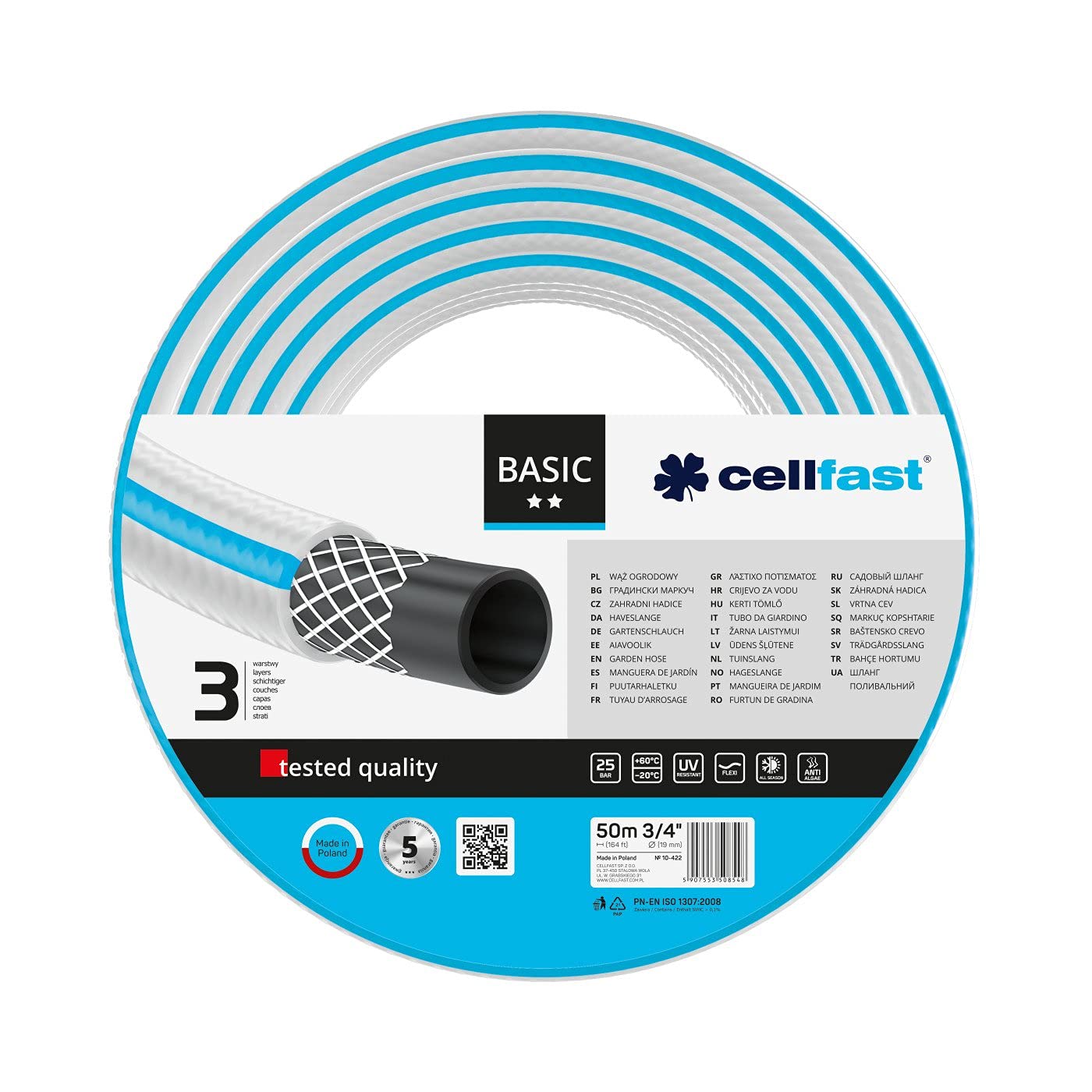 Cellfast Manguera de jardín BASIC, Flexible, de 3 capas, refuerzo de hilo, Resistente a los rayos UV, azul 3/4", 50m, 10-422