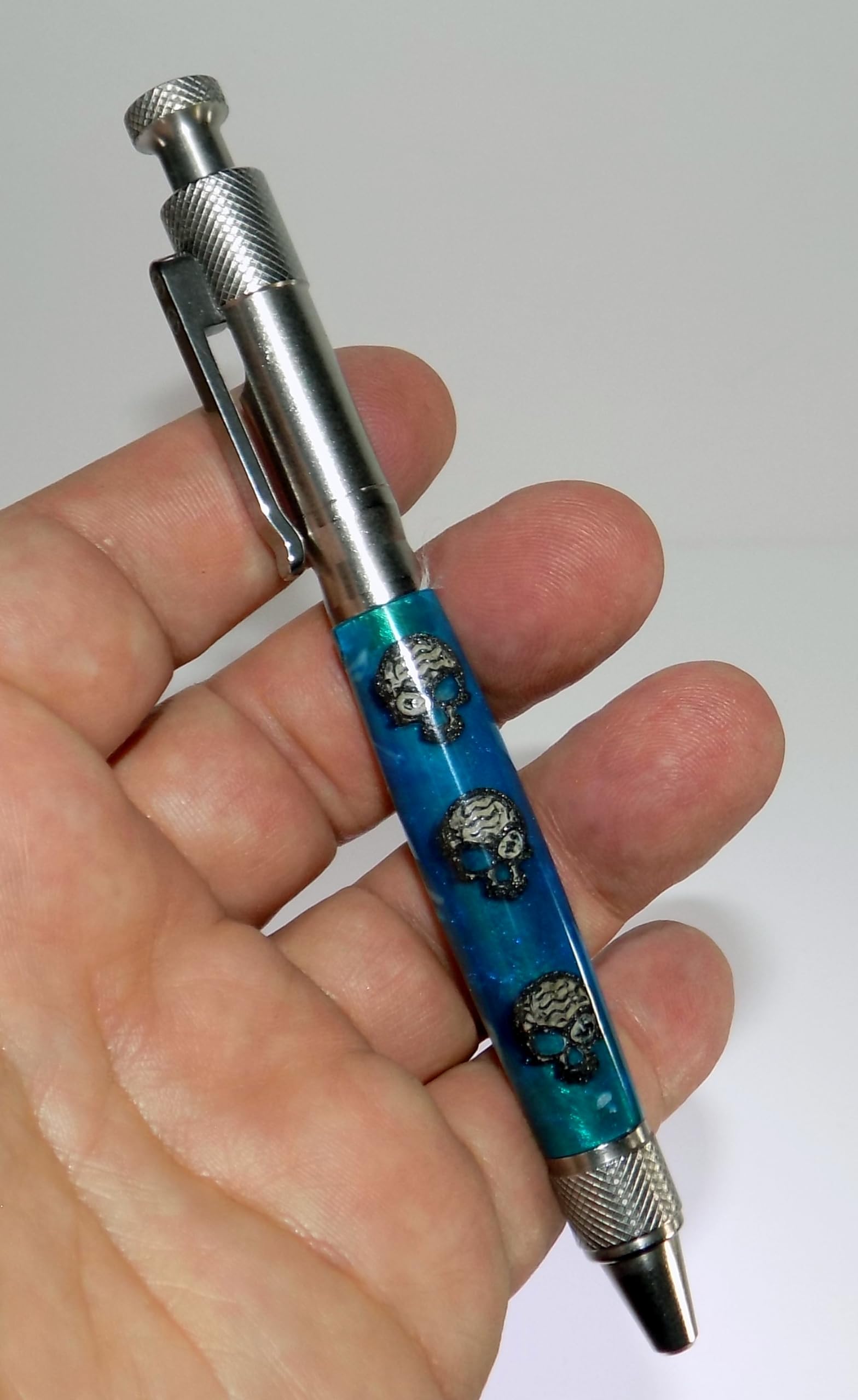 Handmade Bolt Action Clip Pen - Blue and White Acrylic with 3D Printed Skull - Tribal Pattern - Stainless Steel Hardware. Black ink.