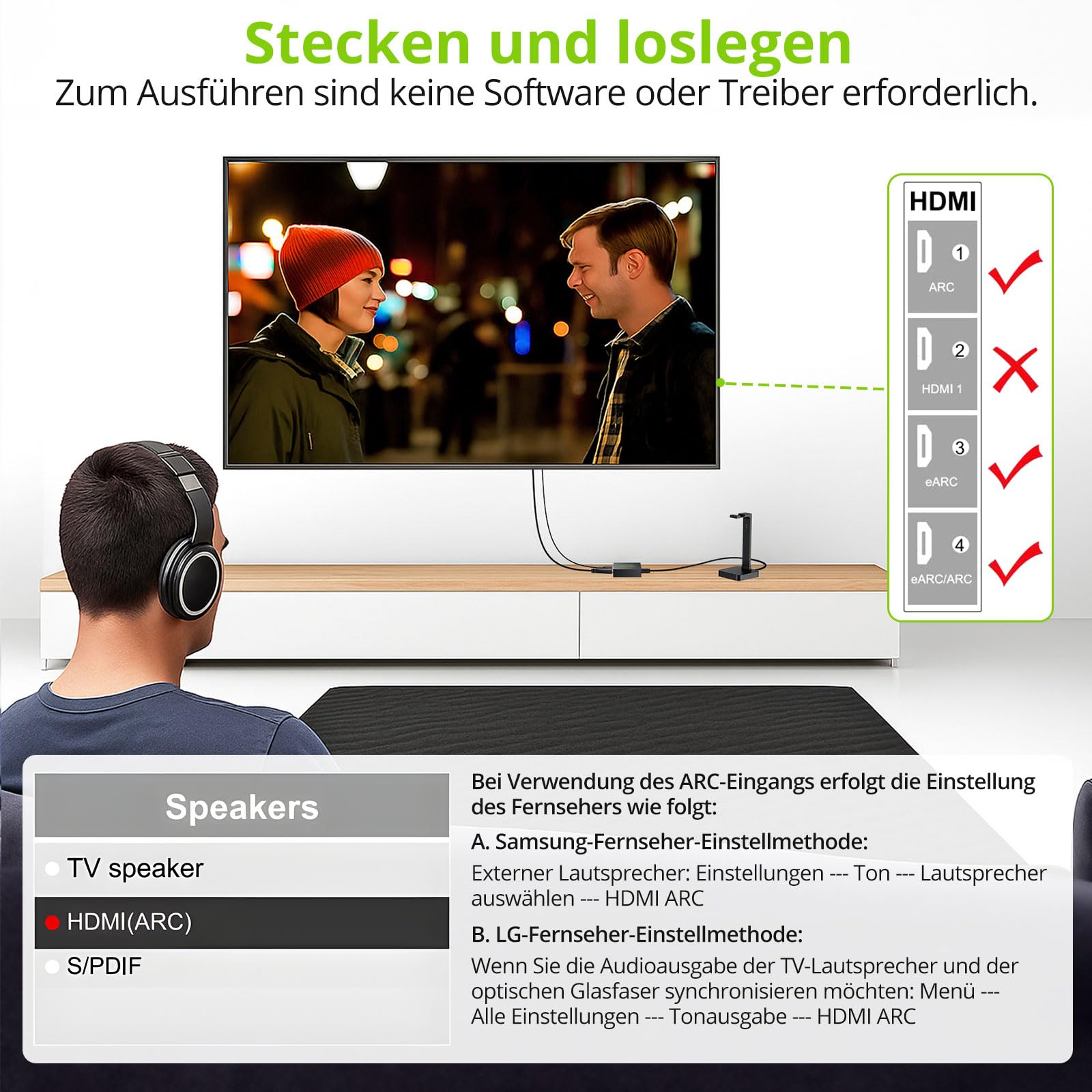 LiNKFOR eARC ARC Audio Extractor 24Bit 192kHz HDMI ARC auf Optisch Audio Adapter HDMI Audio Extractor mit 5.1 und 2.0 Kanal Audiosignalanzeigen für HDTV zu Soundbar, drahtlose Kopfhörer, Heimkino