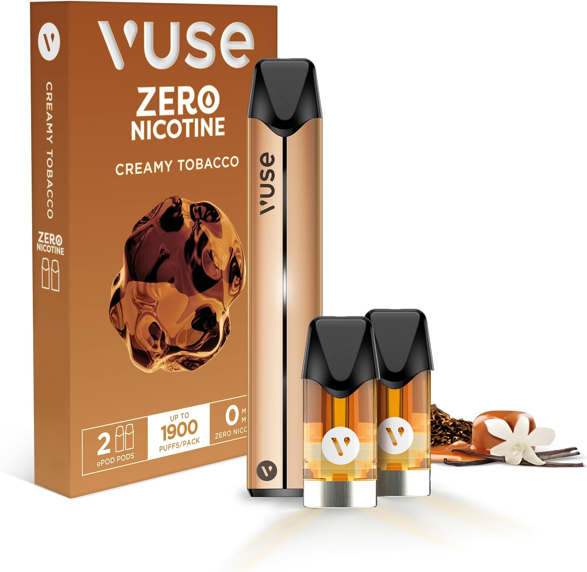 VusePro Vape Kit, Slim Design, Fast Charging, Splash-Resistant, reusable vape, rechargeable vape, refillable vape, with Creamy Tobacco 0mg vape pods x2, no nicotine, no tobacco, Gold