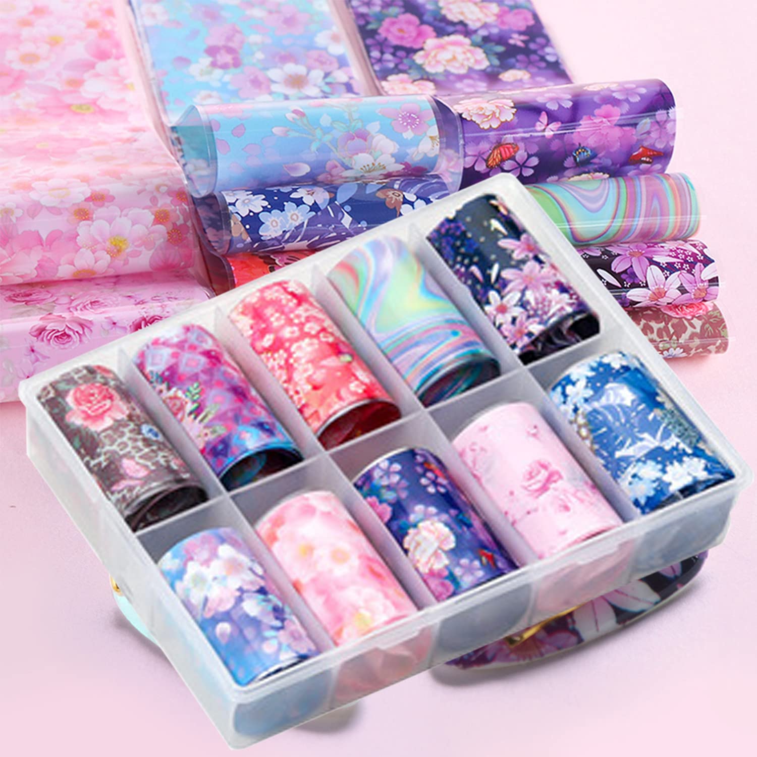 Flowers Nail Art Foil Transfer Stickers Decals, Holographic Pink Floral Nail Art Design, Nail Art Foils for Nail Transfer Glue Polish, Women Fingernails Toenails Acrylic Nails Decoration (10 Rolls)-image-40