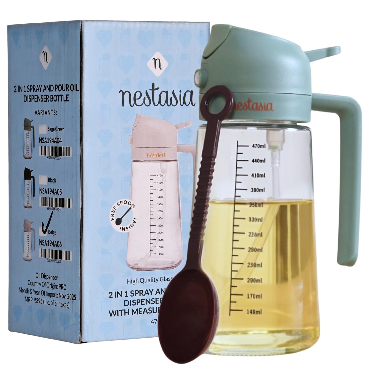 Nestasia 2 in 1 Oil Sprayer & Dispenser Glass Bottle for Kitchen (470ml) - Vinegar & Olive Oil Bottle with Measuring Spoon for Healthy Cooking, Salad Dressing, Air Fryer, BBQ & Grilling (Sage Green)