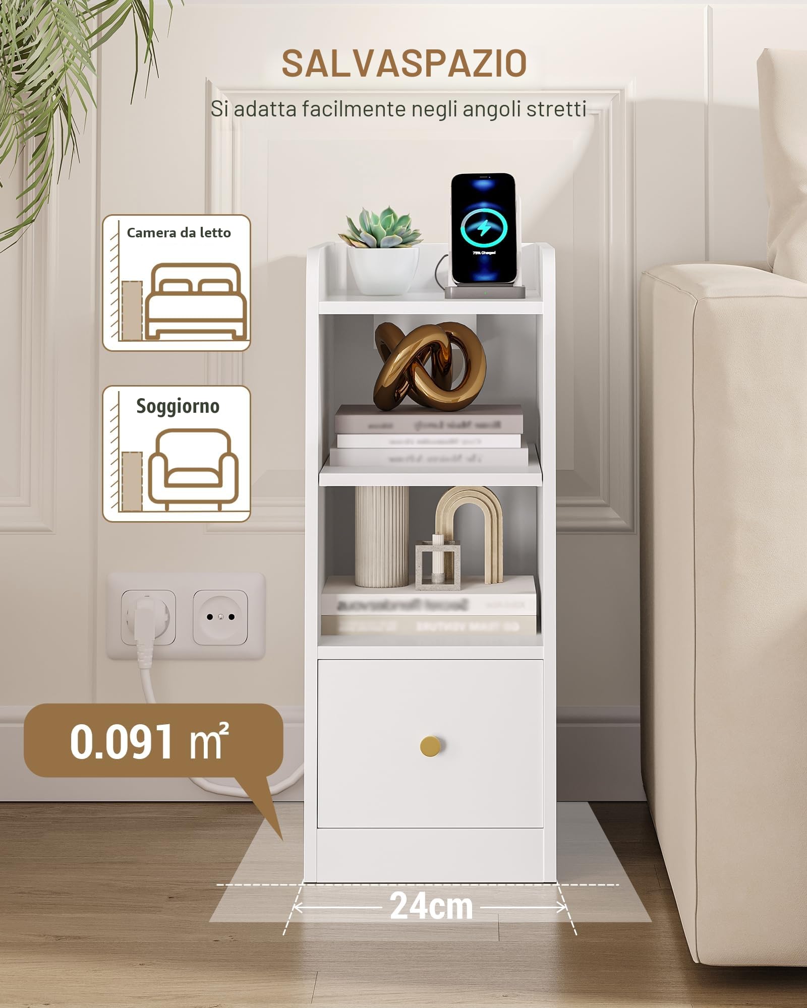 Hzuaneri Comodino Set di 2, con Stazione di Ricarica, Porta USB e di Tipo C, Tavolini Stretto, Spazio di Archiviazione a 3 Livelli con 1 Cassetto, per Camera da Letto, Soggiorno, Bianco NS36503X