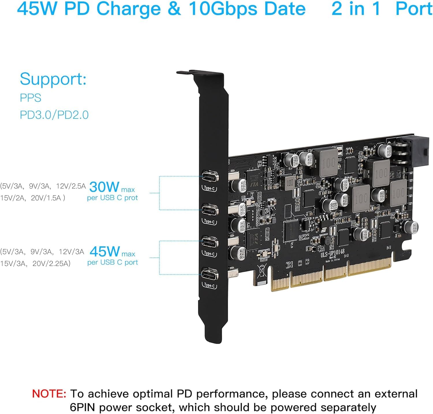 USB C PCIe Karte Wiederaufladbar, USB 3.2 Gen 2 10 Gbps 4 Type C Ports (2 * 45W+ 2 * 30W) für Windows 11/10/8/7 /Vista/XP