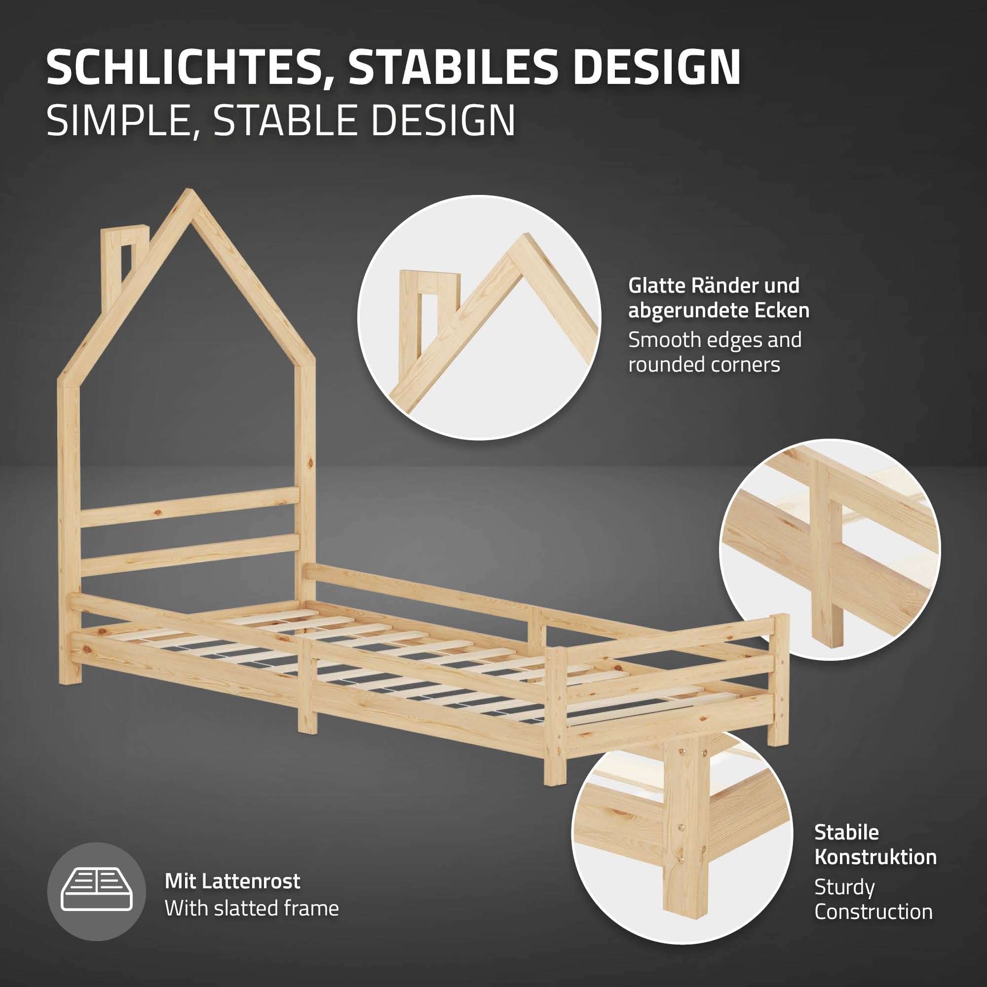 ML-Design Cama Infantil 90 x 200 cm en Forma de Casa con Colchón 16 cm, Cuna Individual de Madera de Pino con Somier de Láminas y Diseño de Casita con Chimenea, Litera Maciza Juvenil de Juego