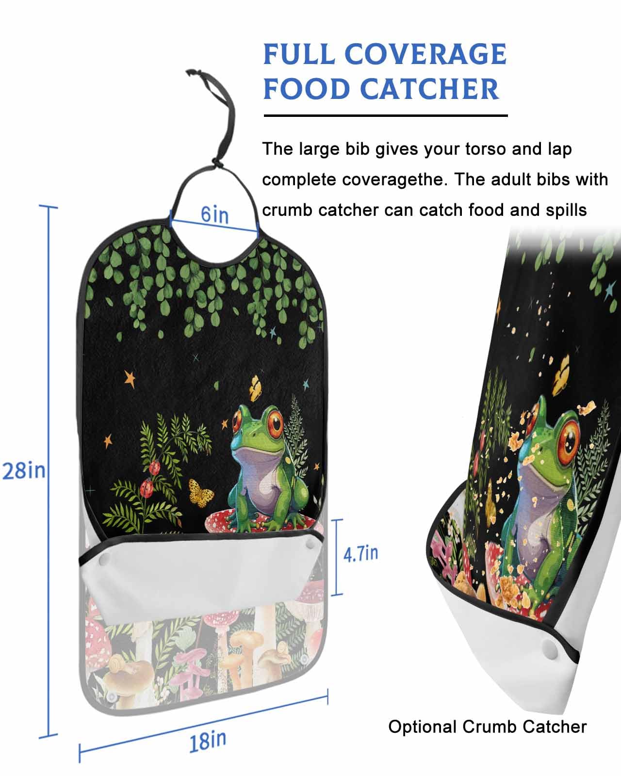 LEOKOTI Mushrooms Frog Adult Bibs for Eating, Waterproof Bibs with Food Catcher & Adjustable Snap Closure, Spring Summer Botanical Classic Black Washable Clothing Protectors Adult Bibs for Elderly