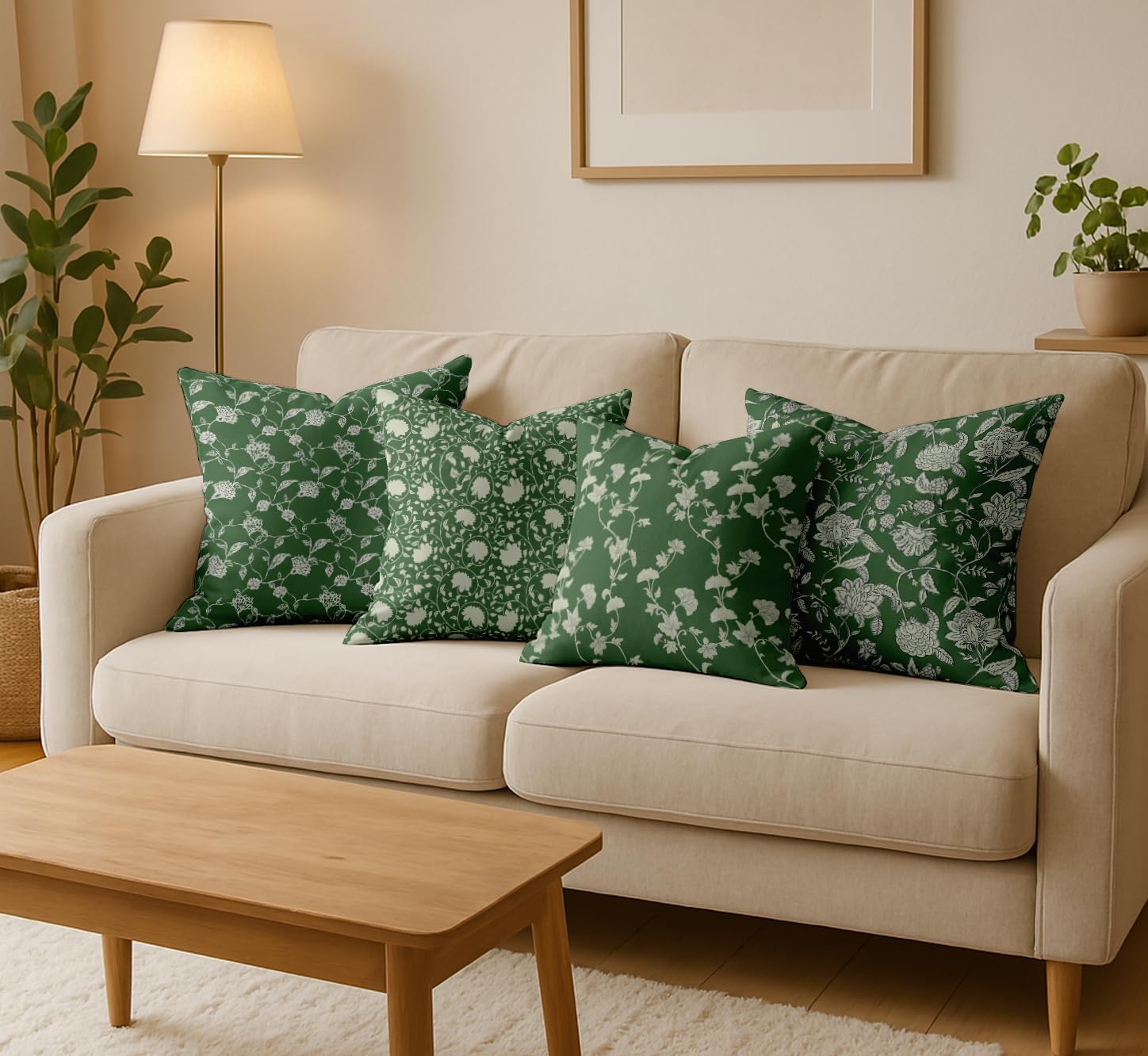 Green Cotton Cushion Covers Set of 4, 16x16 Inch, Dual-Sided Print, Hidden Zipper Closure - Floral Print