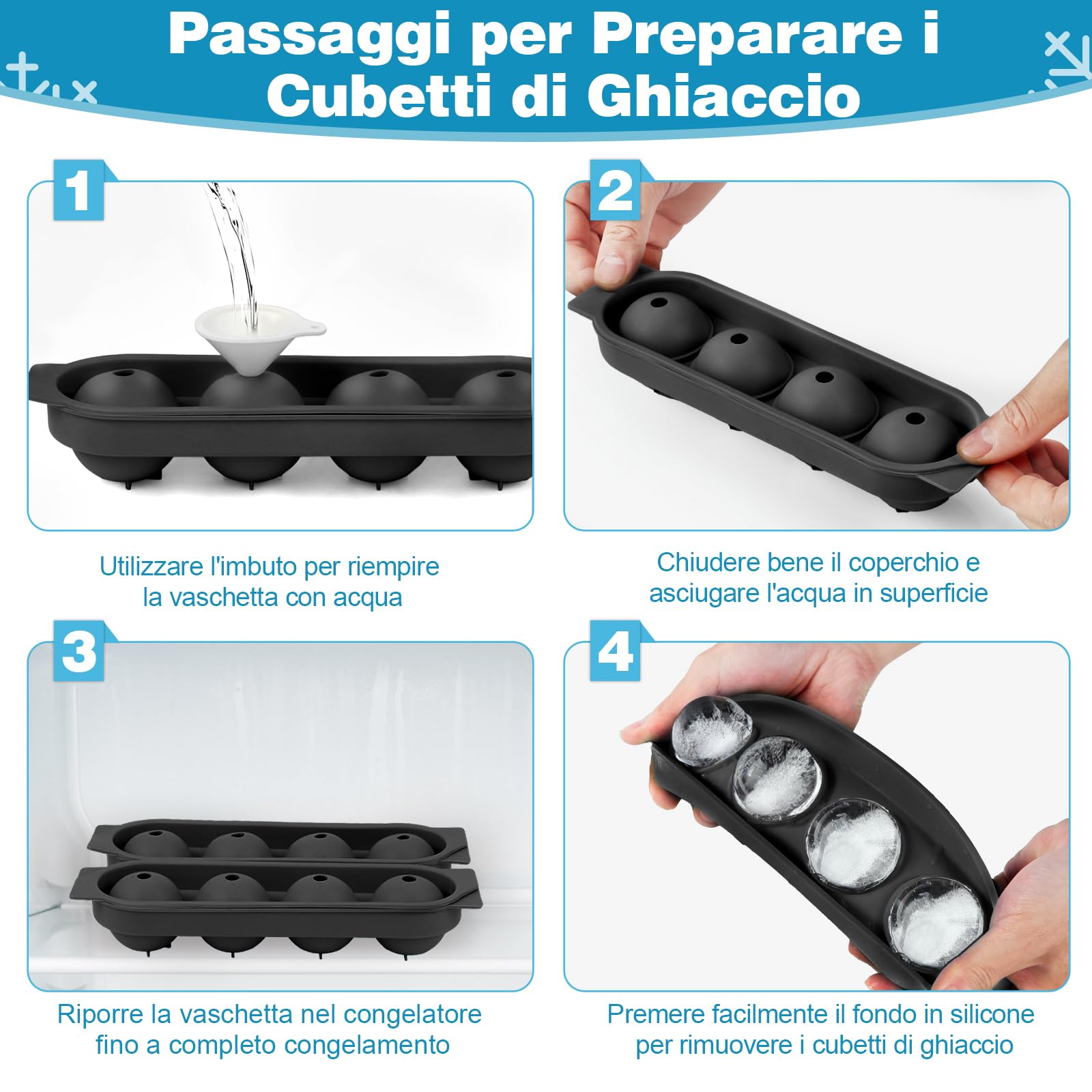 Ghiaccio Stampo Silicone, 4 Rotondo Cubetti Ghiaccio con Coperchio, 4.5cm Grandi Formine Cubi Ghiaccio Silicone Ice Cube Tray per Birra Cocktail Whisky Vino Puree di Frutta Gelati - Nero