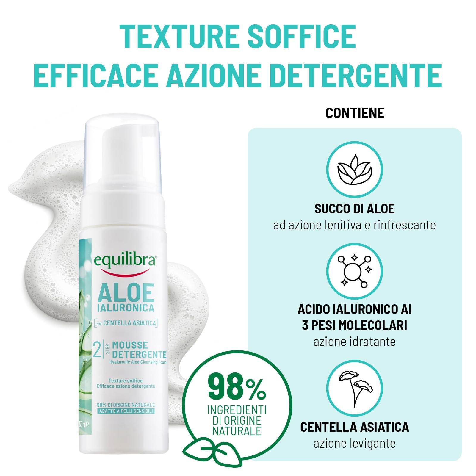 Equilibra, Aloe Ialuronica Mousse Detergente Viso, con Succo di Aloe, Acido Ialuronico ai 3 Pesi Molecolari e Centella Asiatica, Doppia Detersione, per Pelli Sensibili, Clinicamente Testata, 150ml