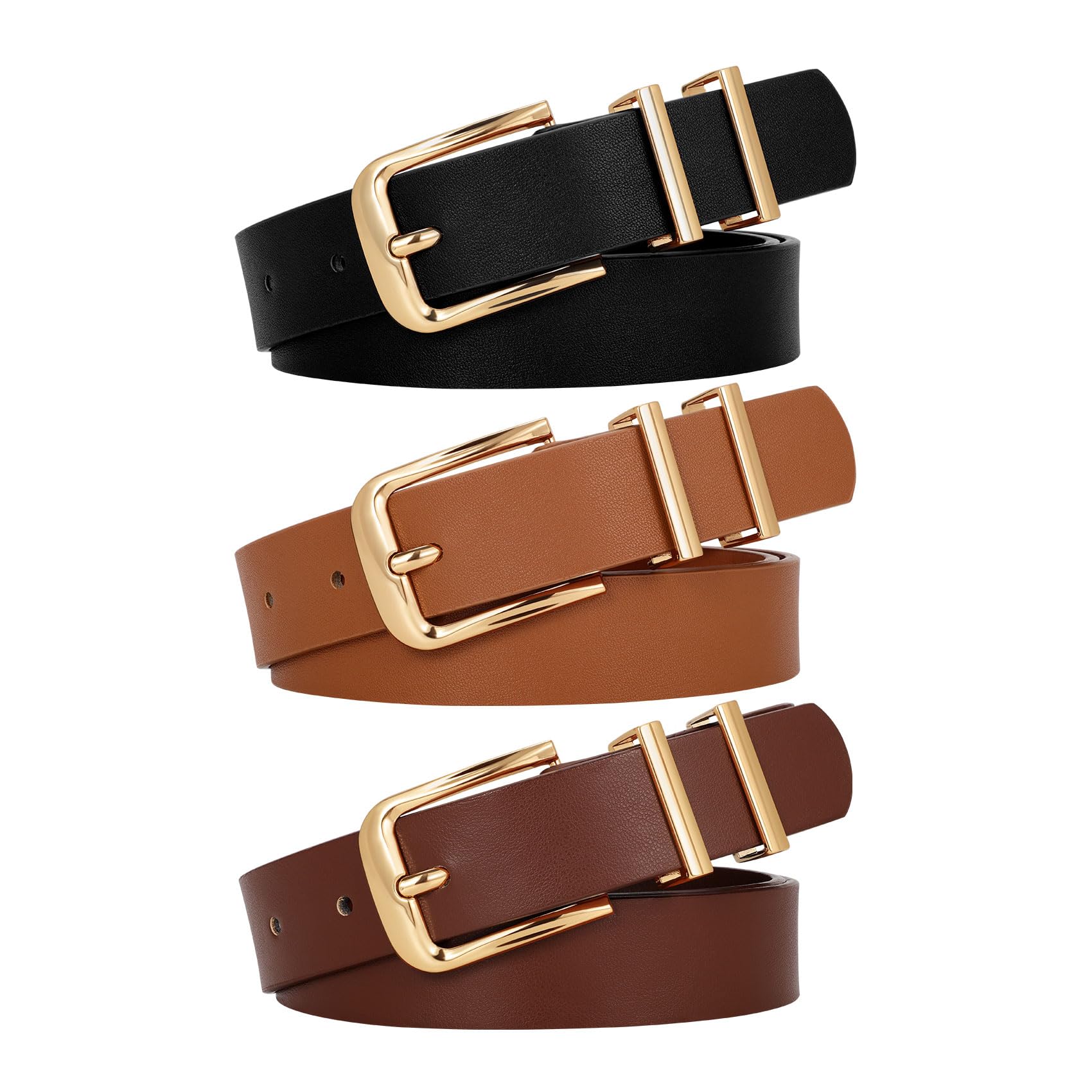 WERFORU 3 PACK Women Belt Women Fashion Leather Belts for Jeans Pants Ladies Belts with Gold Buckle