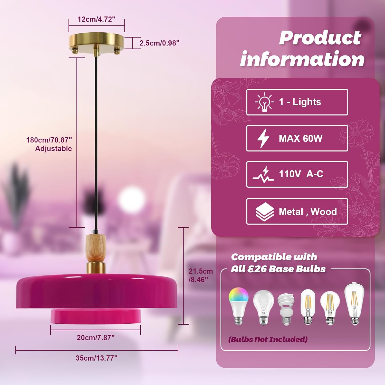 Qepeety Mid-Century Pendant Light Kitchen Island Chandelier Light Fixture Vintage Small Ceiling Light with 2-Tiers Metal Shade for Dining Room Living Room (Purple)