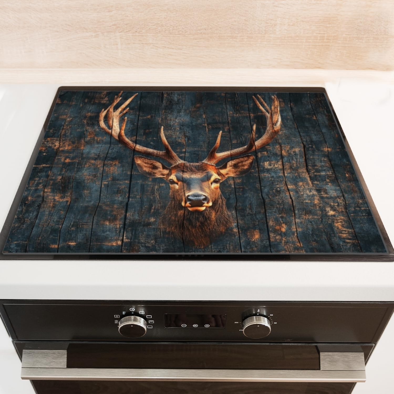 Stove Top Covers For Electric Stove,Deer Head In A Rustic Style On Dark - Hued Wood Stove Mat For Glass Cooktop Protector,Extra Large Oven Range Top Cover 28X20In