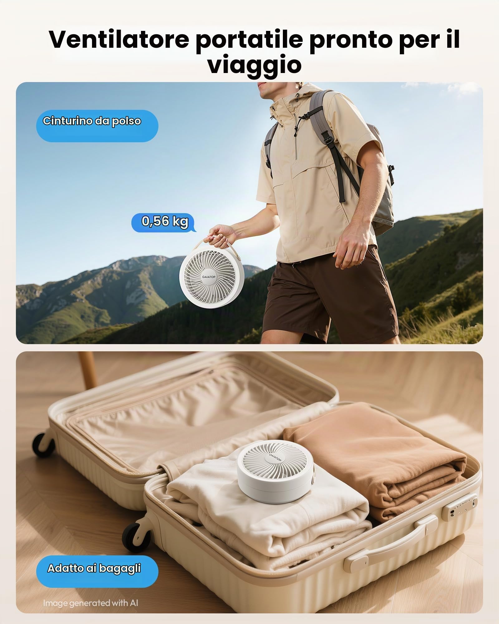Gaiatop Ventilatore Portatile USB Ricaricabile, 6000mAh Batteria Fino a 20 Ore, Ventilatore da Tavolo Silenzioso Piccolo con Luce Notturna Ufficio Comodino, Accessori Camper Viaggio Pieghevole, Bianco
