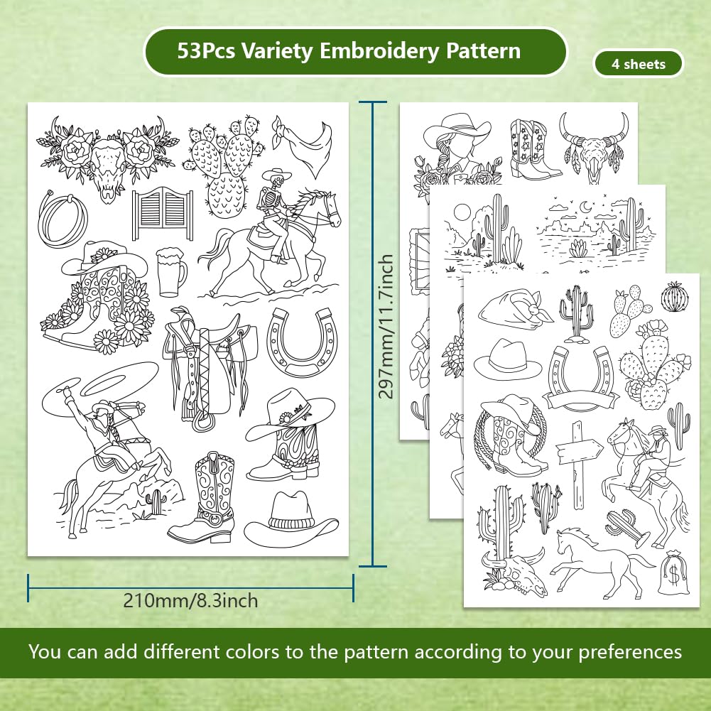 BENECREAT 4Sheets 53Pcs Cowboy Water Soluble Embroidery, 11.7x8.3inch Cowboy Boy Desert Scene Stick and Stitch Embroidery Paper Stabilizer for Shirts, Coats, Bags