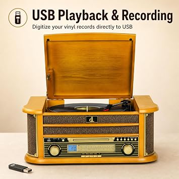 DL Retro Turntable with CD Player Cassette Deck AM/FM Radio and USB Digitization 3 Speeds (33/45/78 RPM) Stereo Speakers Line-Out Aux-In and Headphone Jack