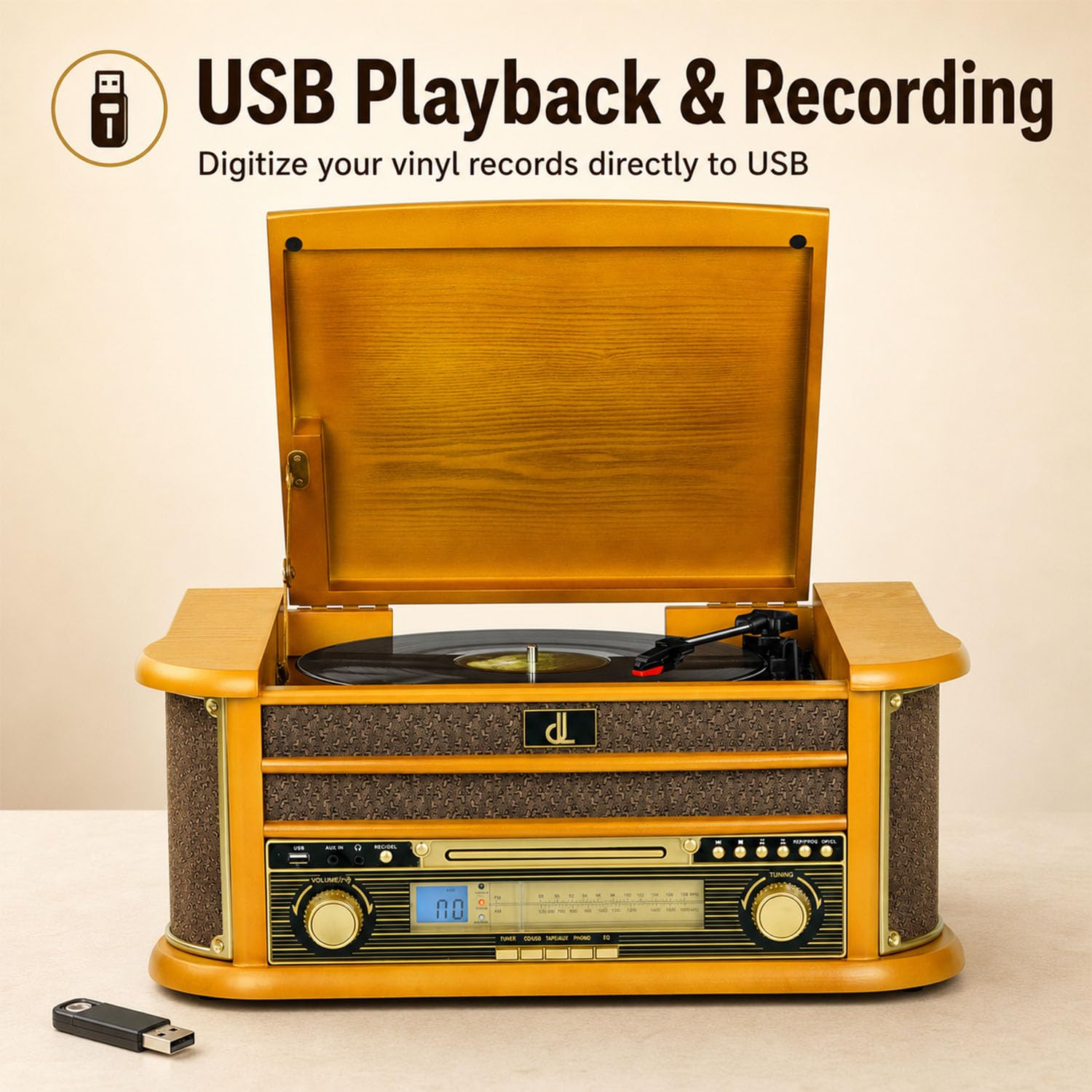 DL Giradischi vinile con altoparlanti e registrazione USB all-in-one, sistema stereo vintage con lettore CD, cassette, radio AM/FM, ingresso ausiliario, centro musicale
