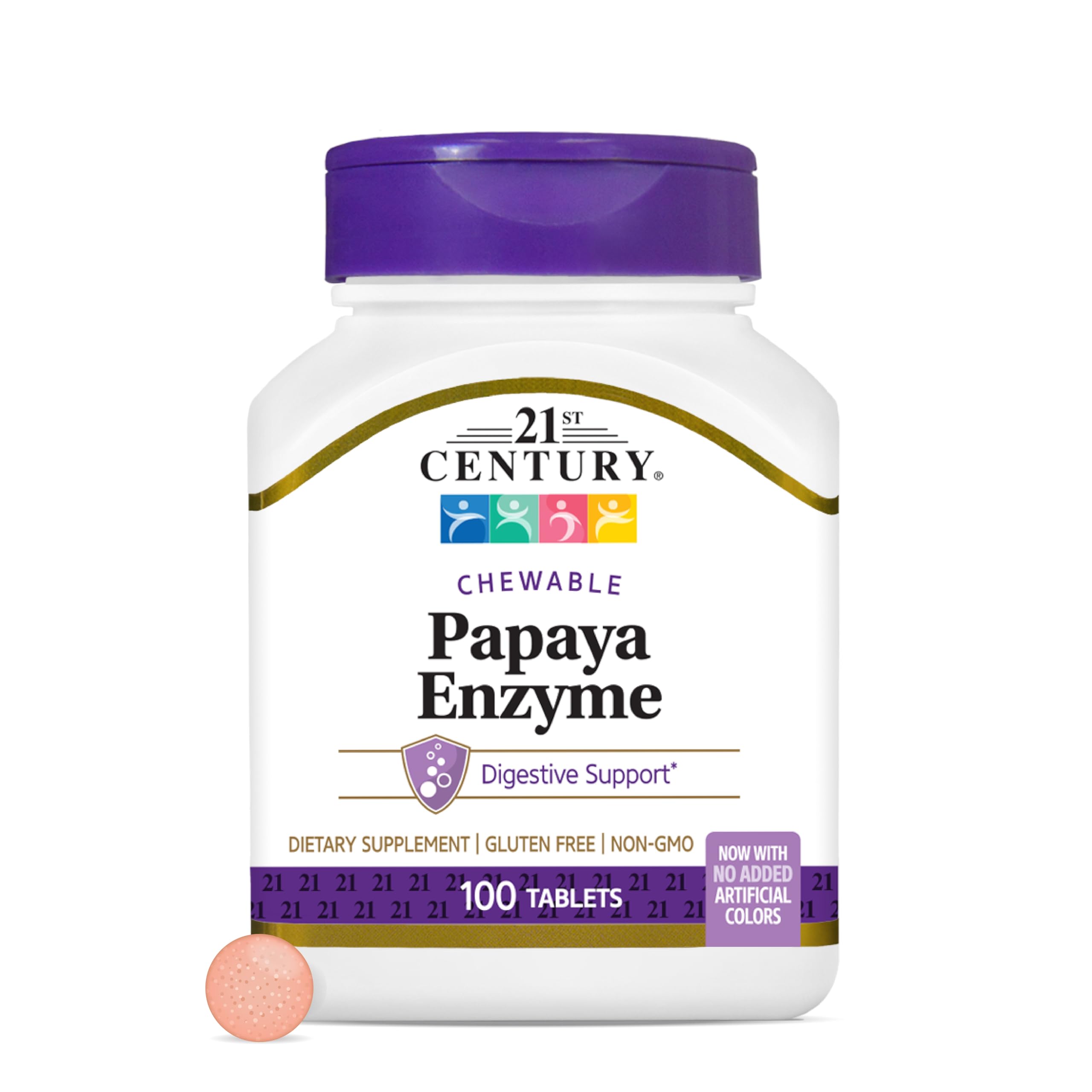 21st Century Papaya Enzyme Chewable (100 Count), Papaya & Pineapple Digestive Enzymes for Gut Health, Tropical Flavor, Non-GMO, Gluten-Free, No Added Salt, Artificial Flavors