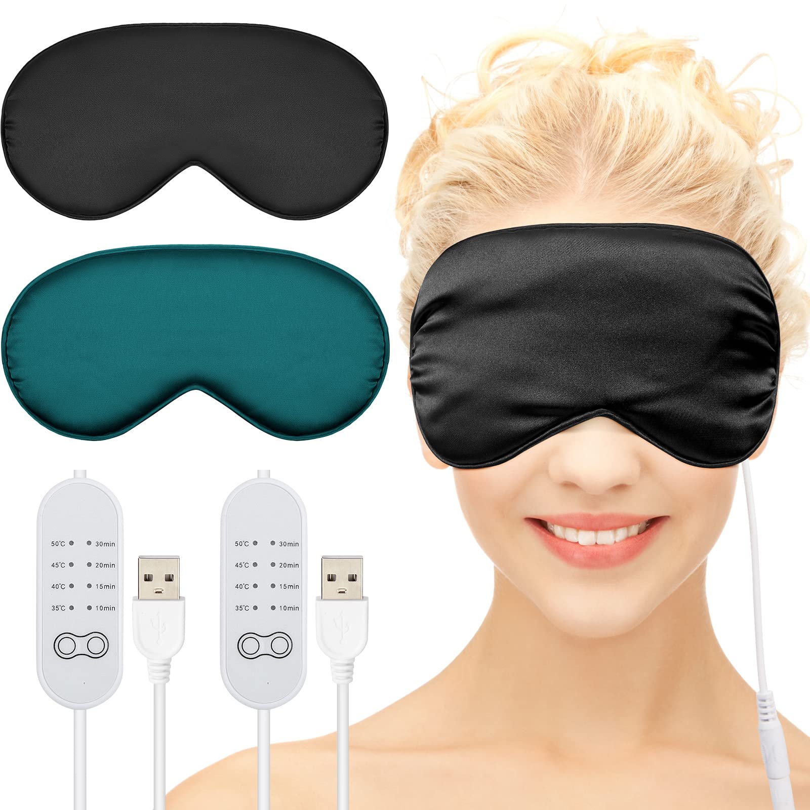 Photo 1 of 2 Pieces Silk Heated Eye Mask for Dry Eyes USB Steam Warm Compress for Puffy Eyes Adjustable Temp Sleep Eye Mask for Dry Eye, Chalazion, Blepharitis, Stye (Black, Green)