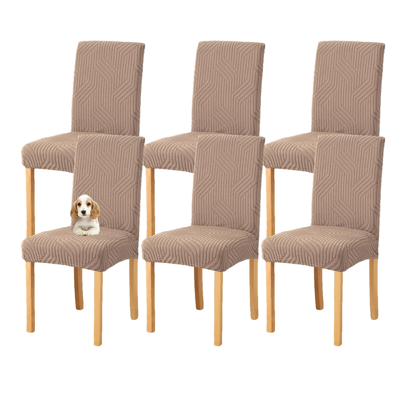 Stretch Stuhlhussen 1/2/4/6er Set, Moderne Jacquard Stuhlbezug, Waschbar Abnehmba Stuhlhussen, für Esszimmer, Hotel, Bankett, Partys Deko, Hochzeit (Khaki,6 PCS)