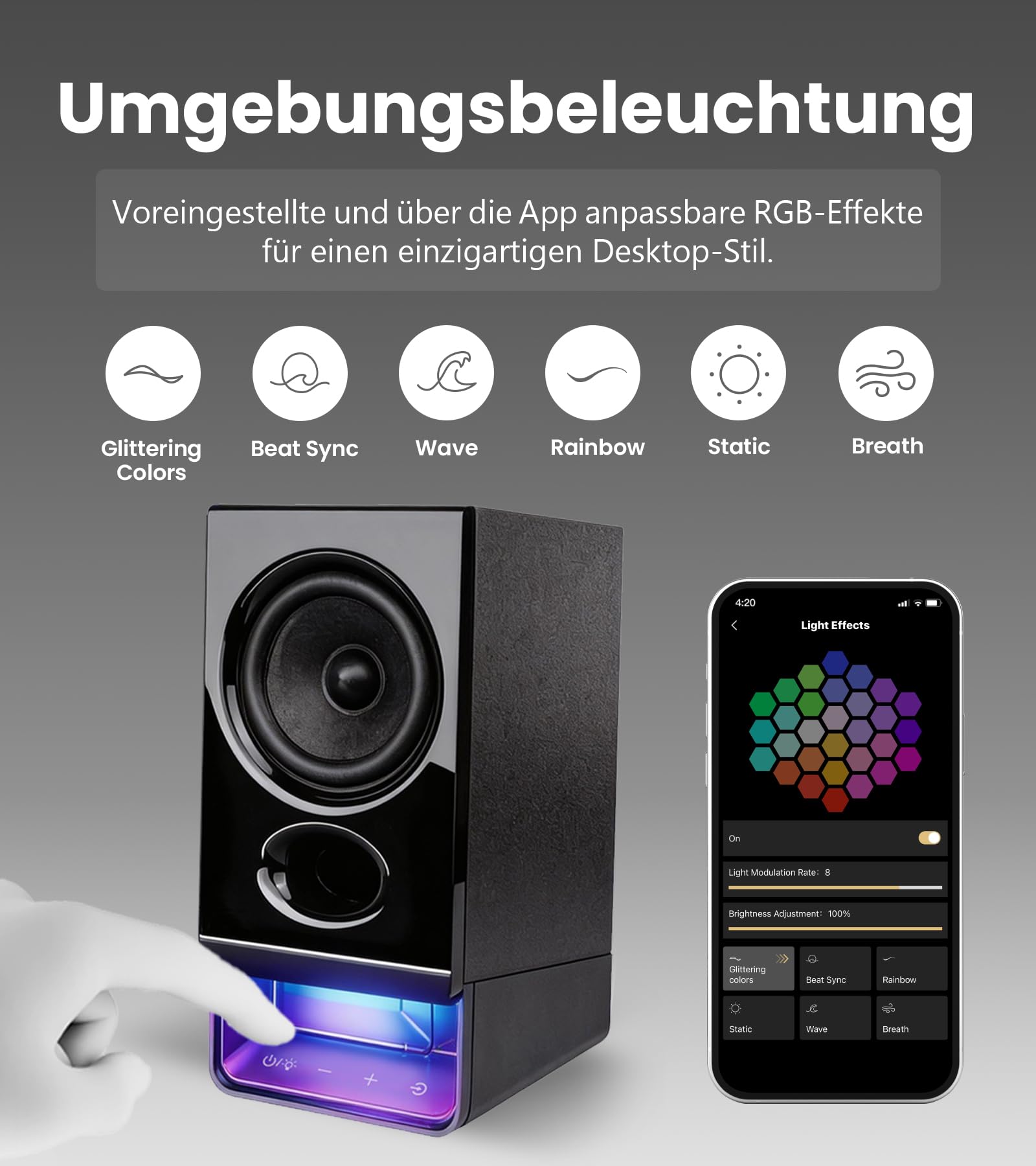 Edifier R20BT USB-betriebene Computerlautsprecher, 2,75-Zoll-Breitbandlautsprecher, Bluetooth 6.0,Touch-Bedienelemente,AUX-Eingang,benutzerdefinierte Umgebungslichtund Klangprofile über APP – Schwarz
