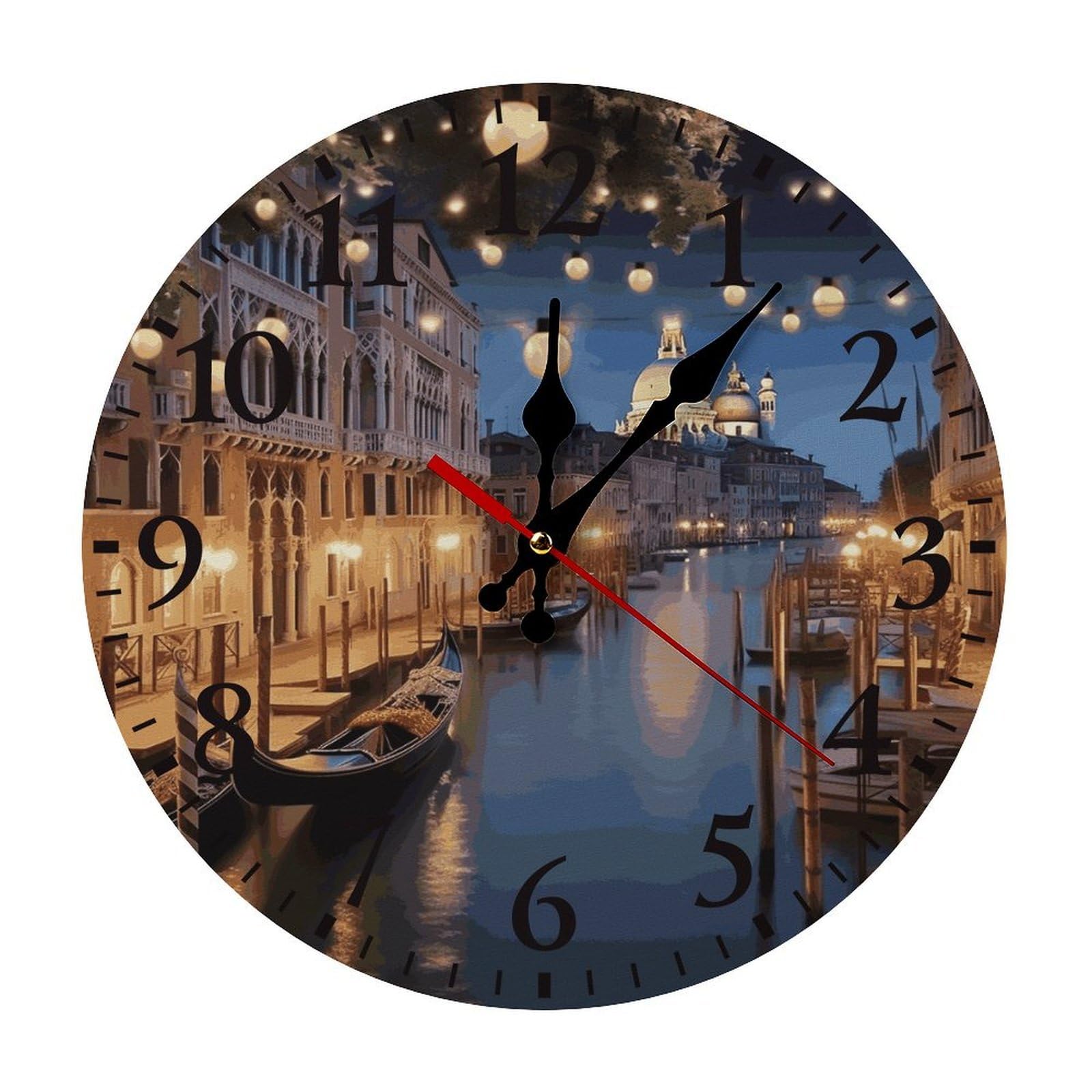 Horloge noire 30 x 30 cm Venise la nuit au design épuré avec chiffres arabes