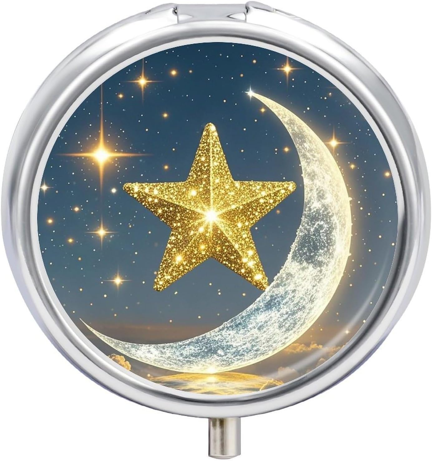 Golden Stars and Moon Round Pill Box, Waterproof Medicine Organizer Box