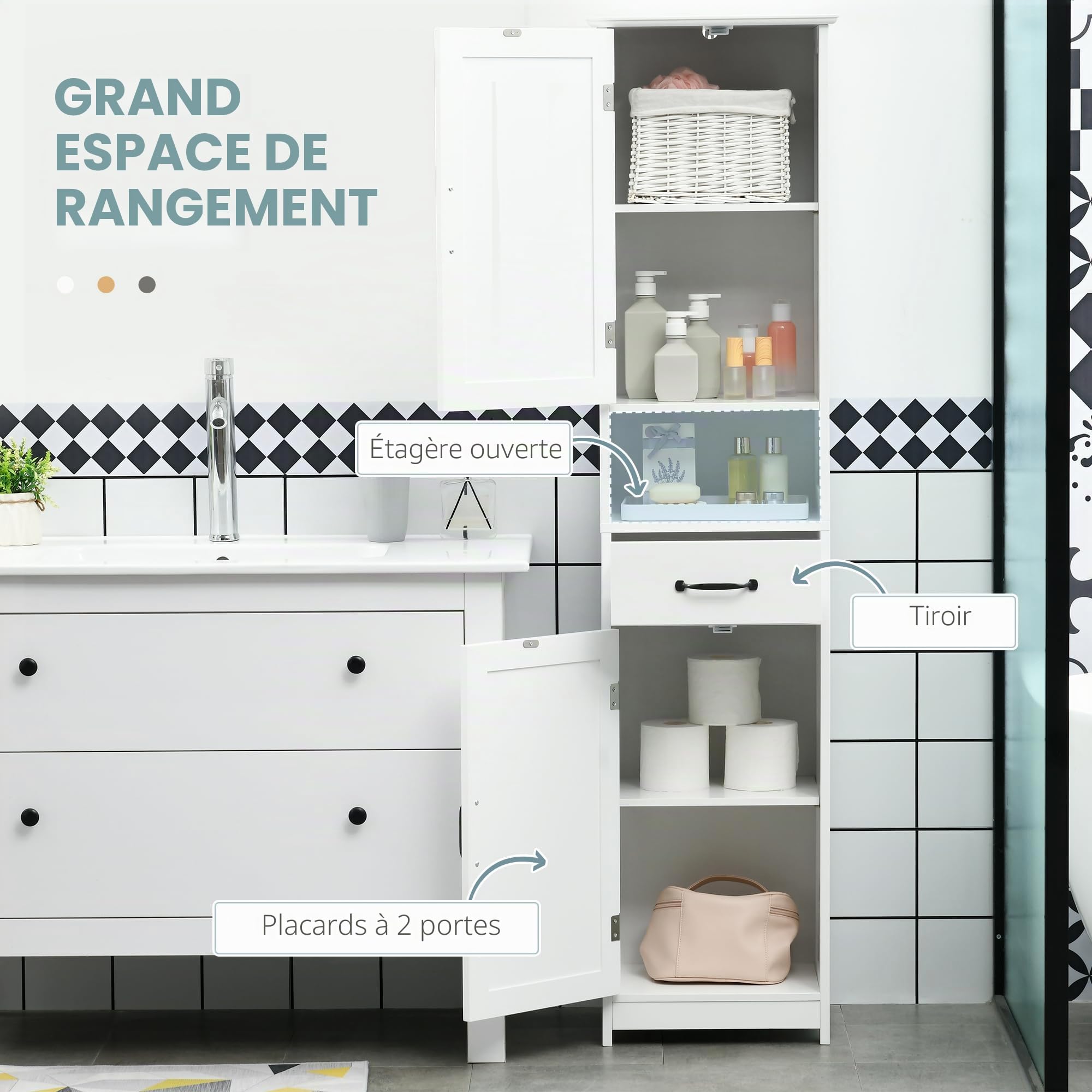 kleankin Armoire de Bain Fine, Tour à Linge avec étagère Ouverte, Blanc