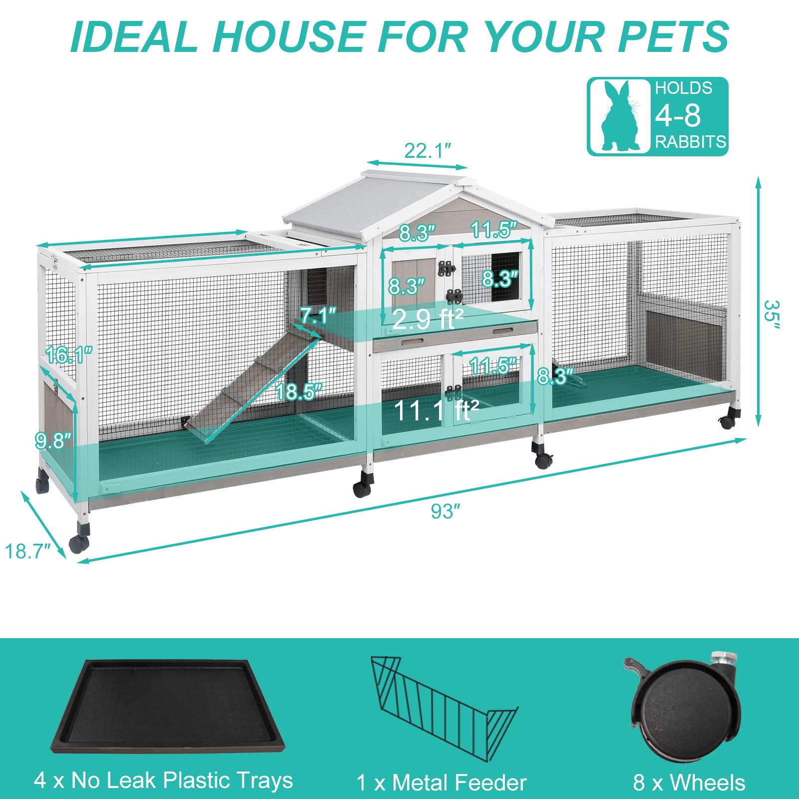2-Tier Rabbit Hutch with Wheels, Indoor & Outdoor Small Animal Cage with Deep Pull-Out Tray, Anti-Chew Frame, Habitat for Bunny, Guinea Pig, Chinchilla (93" L x 19" W x 35" H)