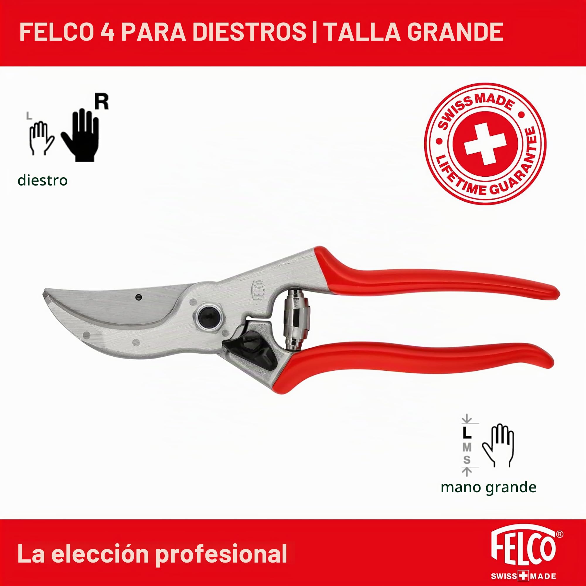FELCO 4 tijeras de podar para diestros con manos grandes, corte 25 mm | Tijeras robustas con cuchilla de acero templado 45 mm, pensadas para el uso diario en jardín y huerto. Swiss Made.