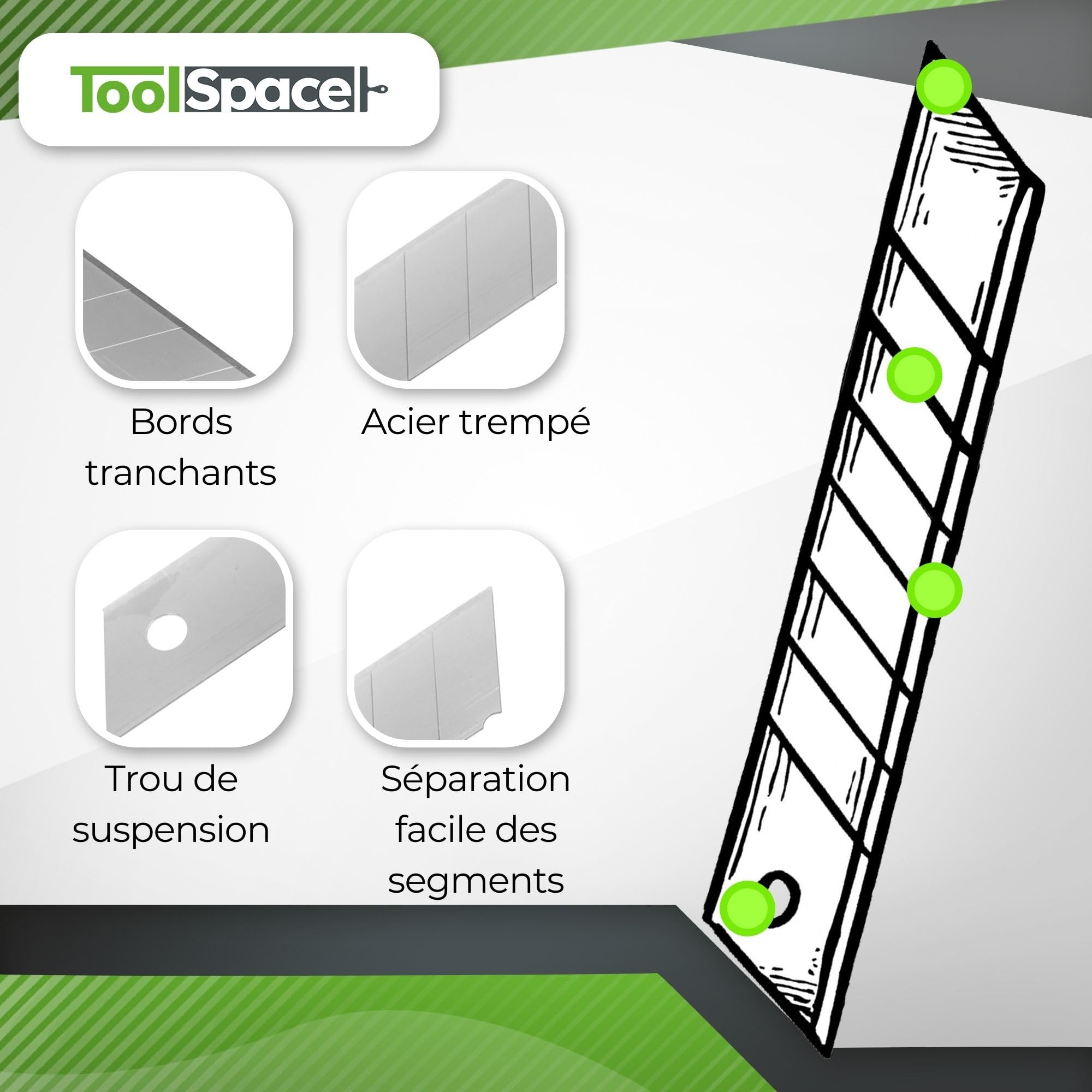 ToolSpace Lame Rechange pour Cutter Couteau Lames Sécable Segmentée pour Coupe Précise de Papier Carton Tissu Plastique Cuir et Autres Matériaux Acier Carbone Trempé Tranchantes – 18 mm Lot de 20