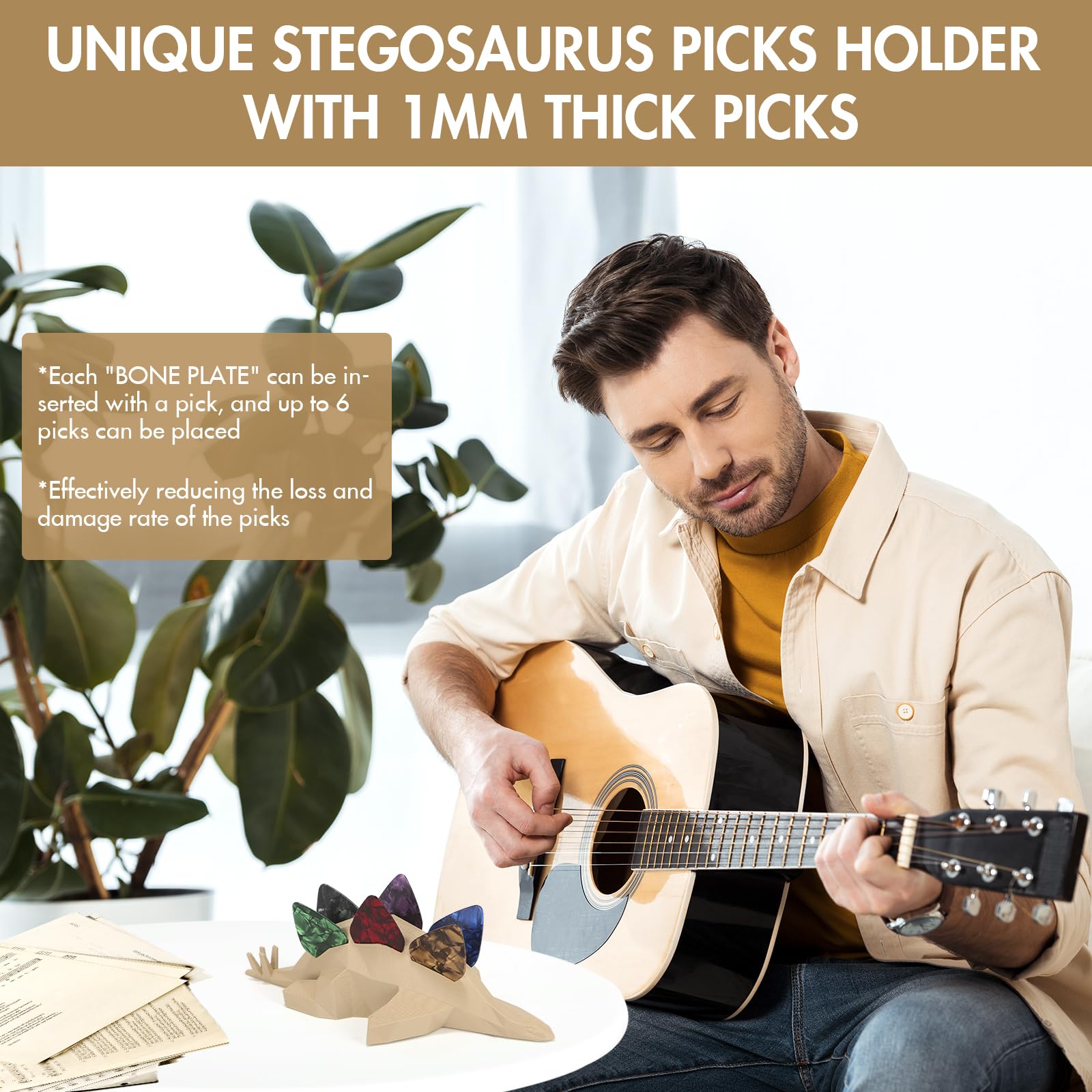 8 Pack Guitar Picks with Stegosaurus Pick Holder - 1mm Guitar Picks | Low-Poly 3D Stegosaurus Art Desk Ornament, Hold 6 Picks | Creative Gift for Guitarists Bassists Musicians (Picks Random Colors)