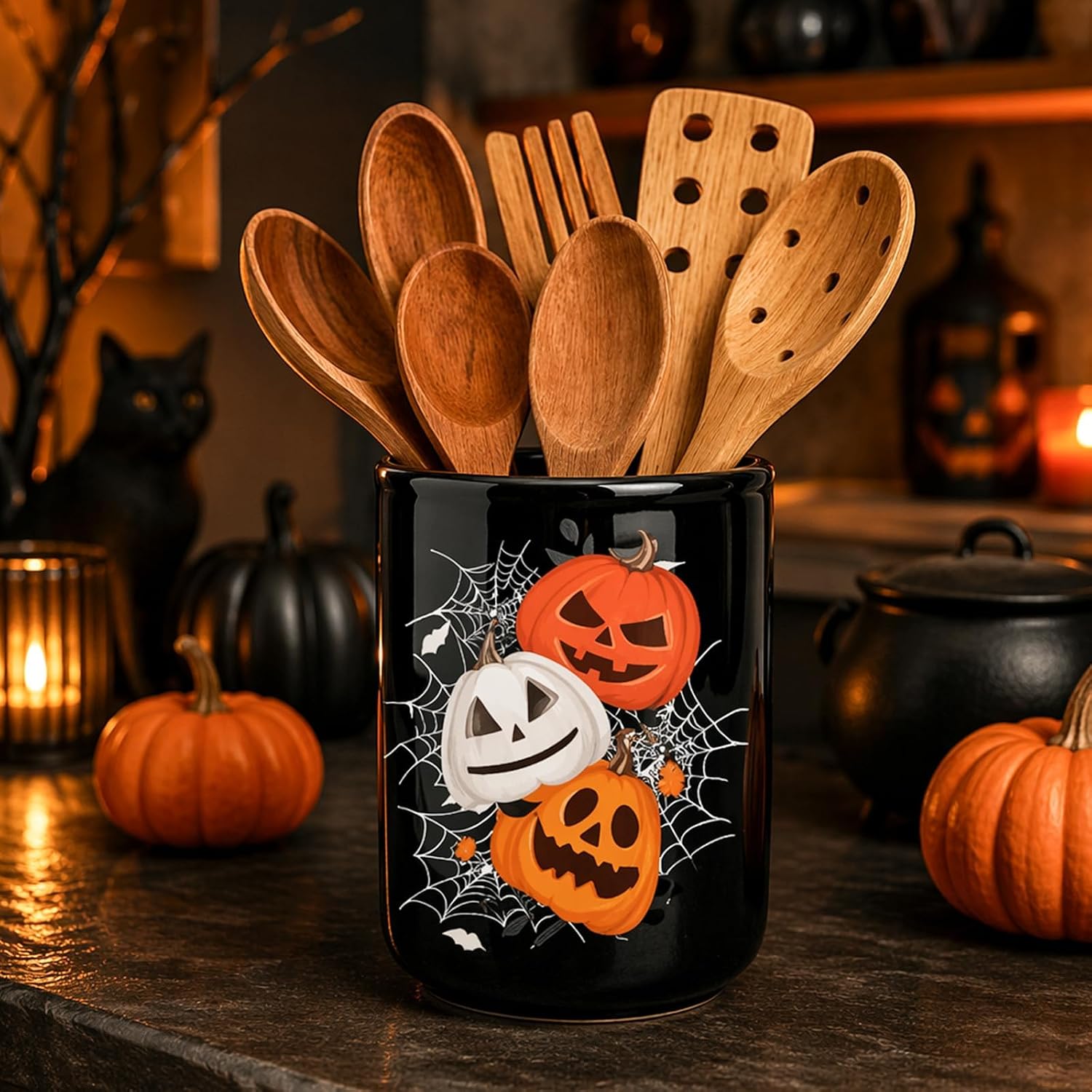 AnyDesign Halloween Ceramic Utensil Holder Kitchen Decor Spooky Black Orange Pumpkin Spiderweb Utensil Crock Cooking Tool Storage Organizer Container for Countertop Decoration, 6.3 Inch