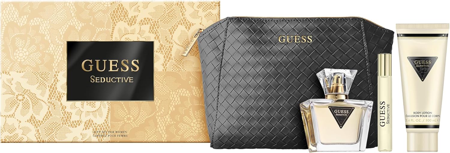 GUESS Seductive Coffret Cadeau pour Femme – Eau de Toilette 75ml, Format Voyage 15ml, Lotion pour le Corps 100ml, Pochette Noire Guess – Parfum Fruité Longue Durée