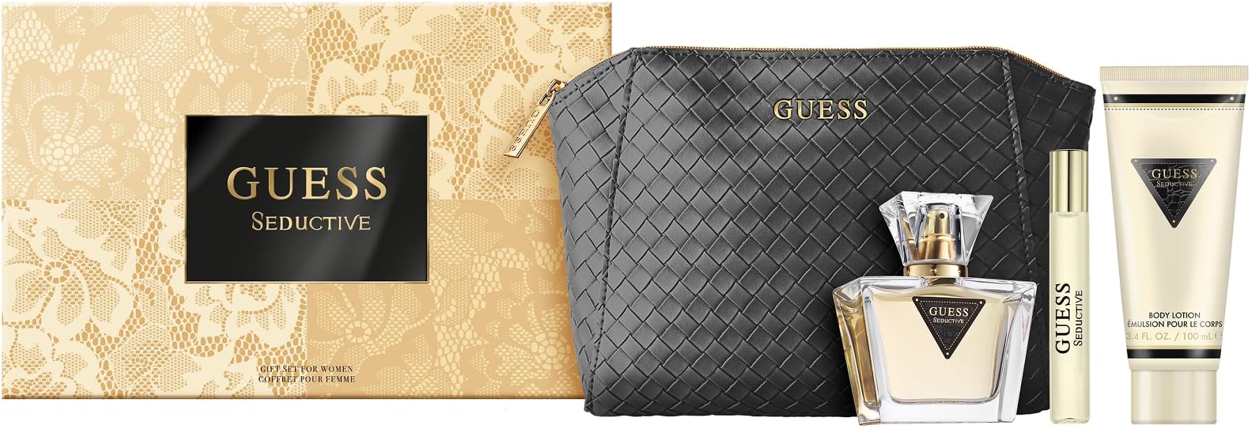 Seductive Women Eau de Toilette 4 Piece Gift Set - Perfume Spray 2.5 Fl. Oz., Travel Size Perfume Spray 0.5 Fl. Oz., 3.4 Fl. Oz. Body Lotion, & Pouch