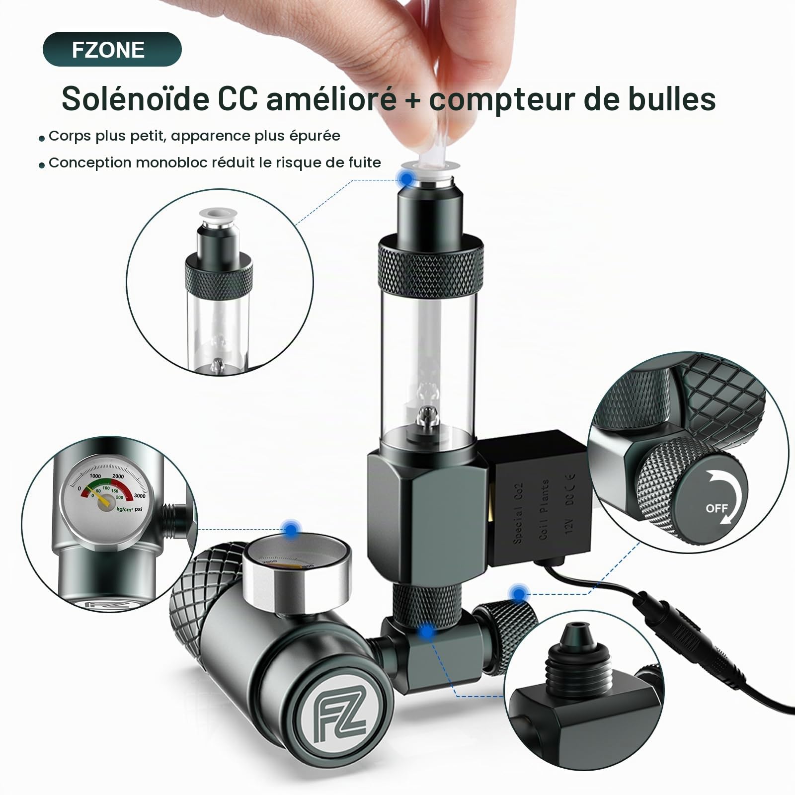 FZONE Kit Régulateur CO2 pour Aquarium (W21.8), Système CO2 Compact avec Diffuseur, Électrovanne DC Améliorée et Compteur de Bulles avec Clapet Anti-Retour, pour Système CO2 en Aquarium Planté