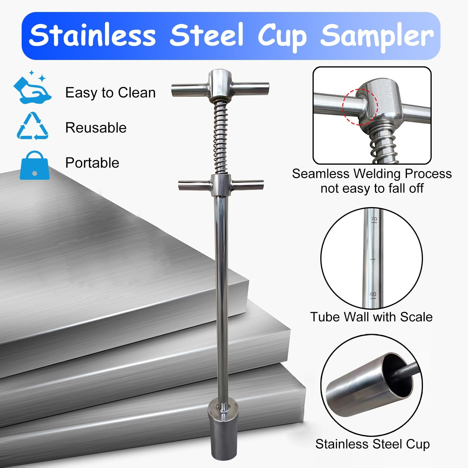Bicchiere da 100/200/500 ml in acciaio inox, mestolo per campionatore liquido viscoso per laboratori e raccolta dell'acqua per condutture, kit di sonde di campionamento facile (0,5 m)