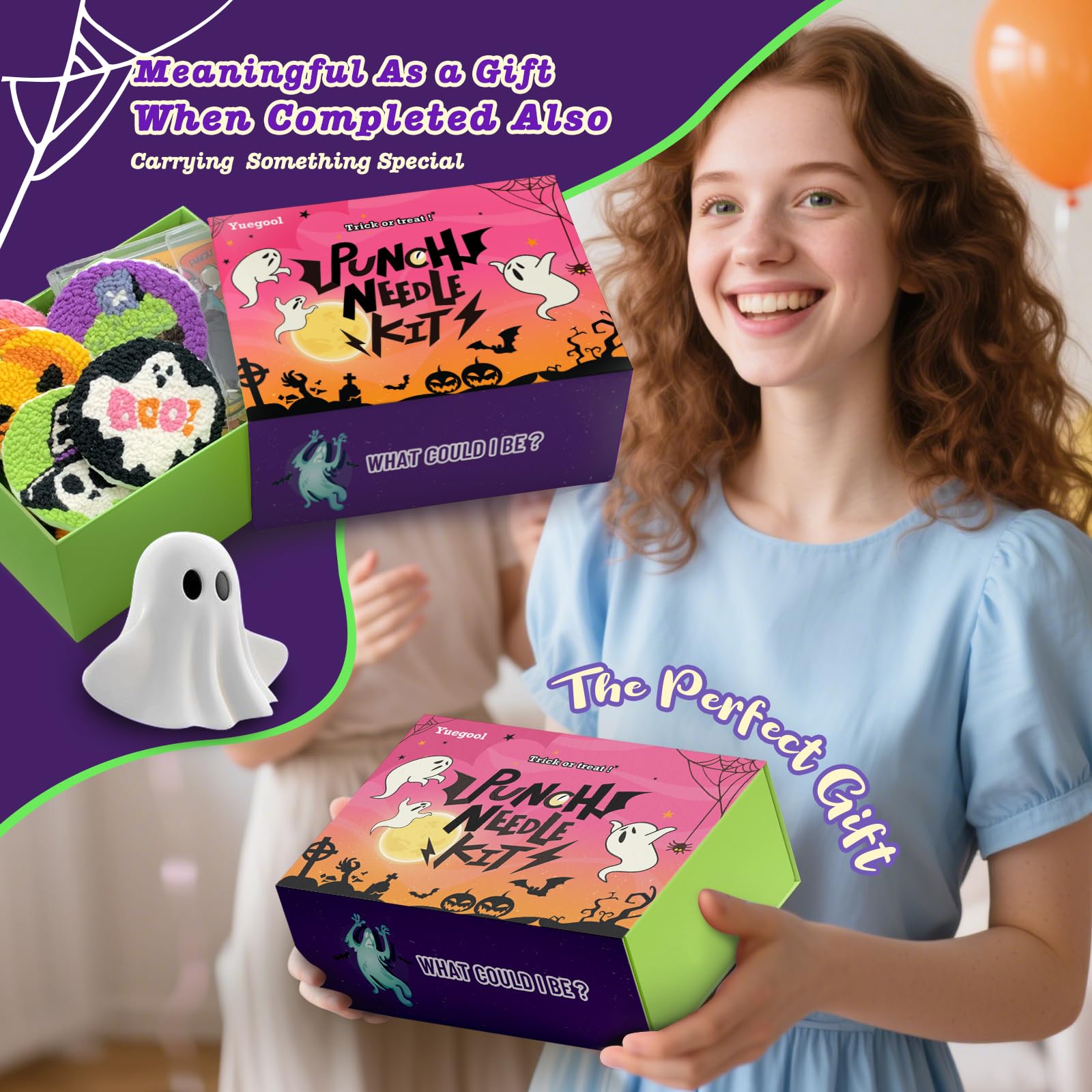 yuegool 6 stuks Halloween Punch Needle Coasters Kit - Eenvoudige DIY Borduurkit voor beginners, volwassenen en kinderen | Inclusief patronen, gereedschap, garens, hoepel, instructies
