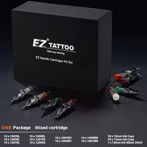 EZ Wireless Tattoo Gun Kit Complete 4.0mm Stroke Cordless Motor P2S Rotary Tattoo Machine Pen Kit & 100Pcs Revolution Tattoo Cartridge Needles Assorted 3RL 5RL 7RL 5RS 7RS 7M1 9M1 11M1 9CM