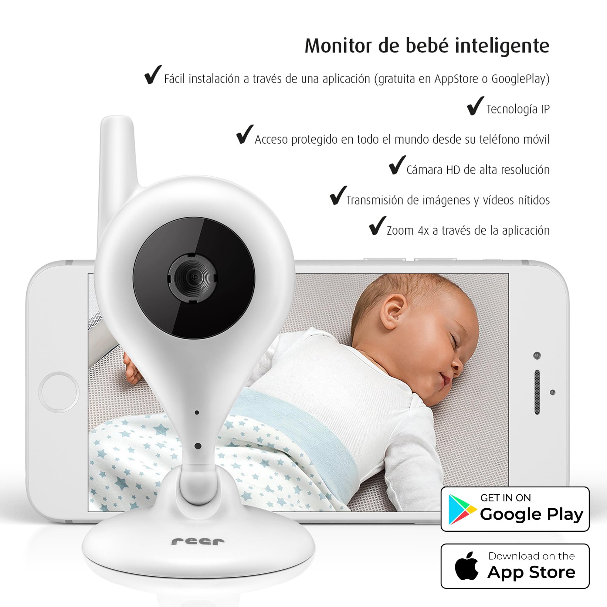 reer Monitor de vídeo para bebés BabyCam y cámara IP, fáciles de configurar, control mediante la aplicación gratuita IP BabyCam White, 1 unidad (paquete de 1), inalámbrico