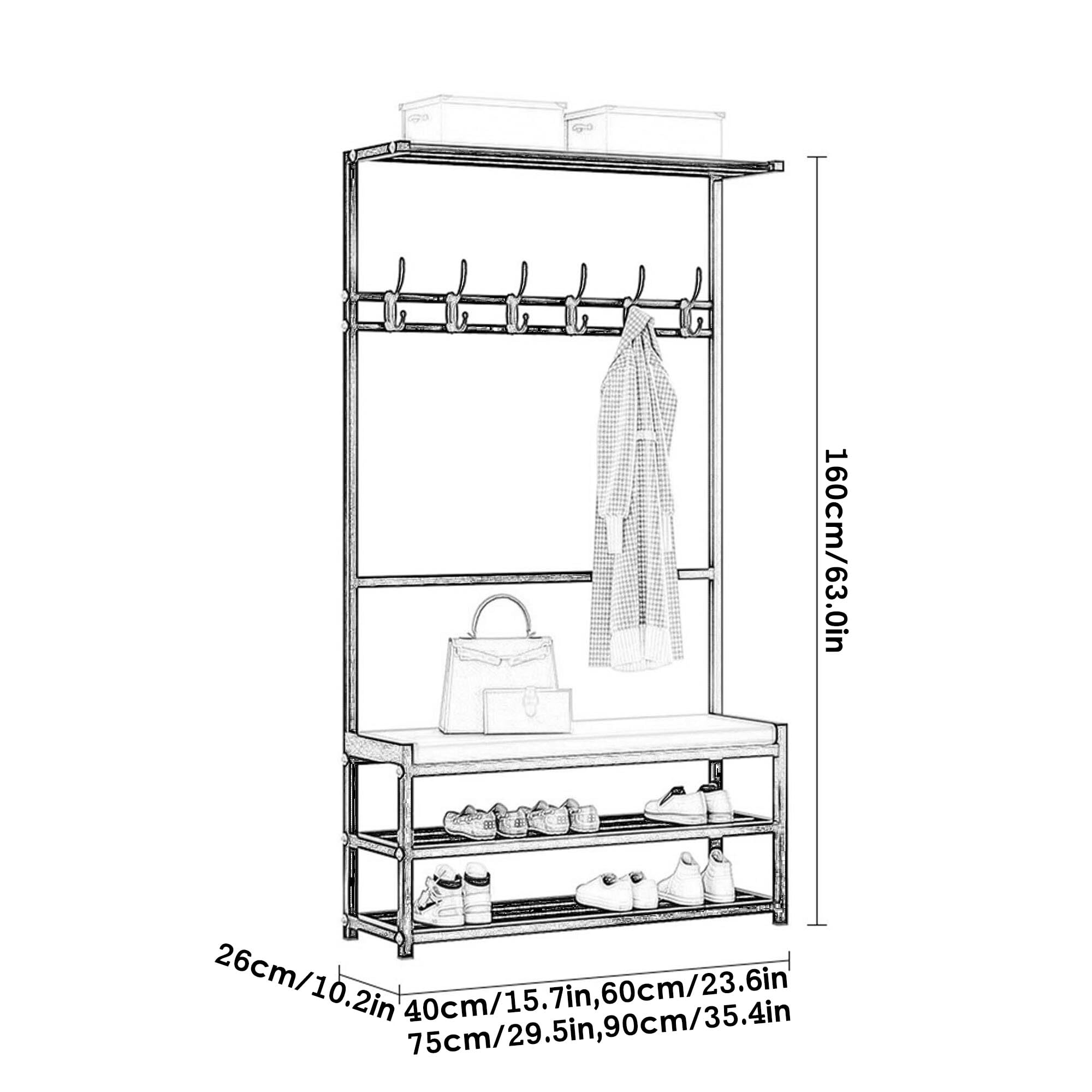 Appendiabiti E Panca Portascarpe - Panca da Ingresso 4 in 1 con Spazio di Archiviazione per La Casa - Appendiabiti E Panca Multifunzionali in Piedi,White-60x26x160CM