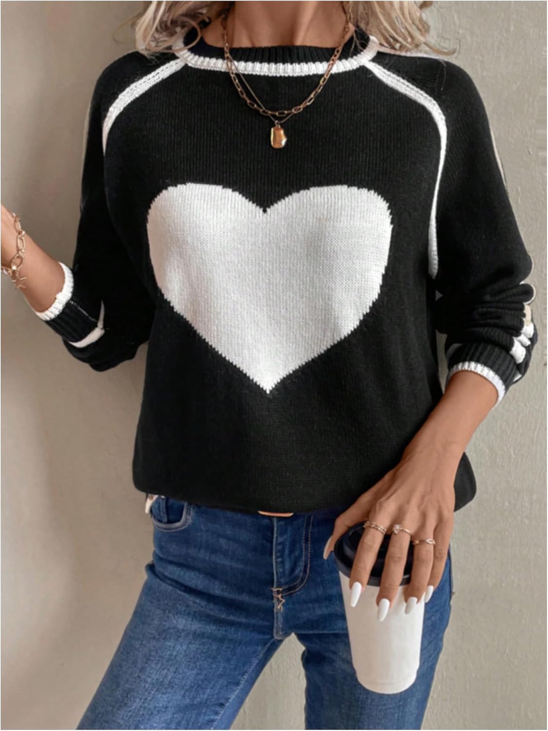 Verdusa Women's Heart Print Raglan Sleeve Sweaters Crew Neck Color Block Fall Pullovers - Image 5