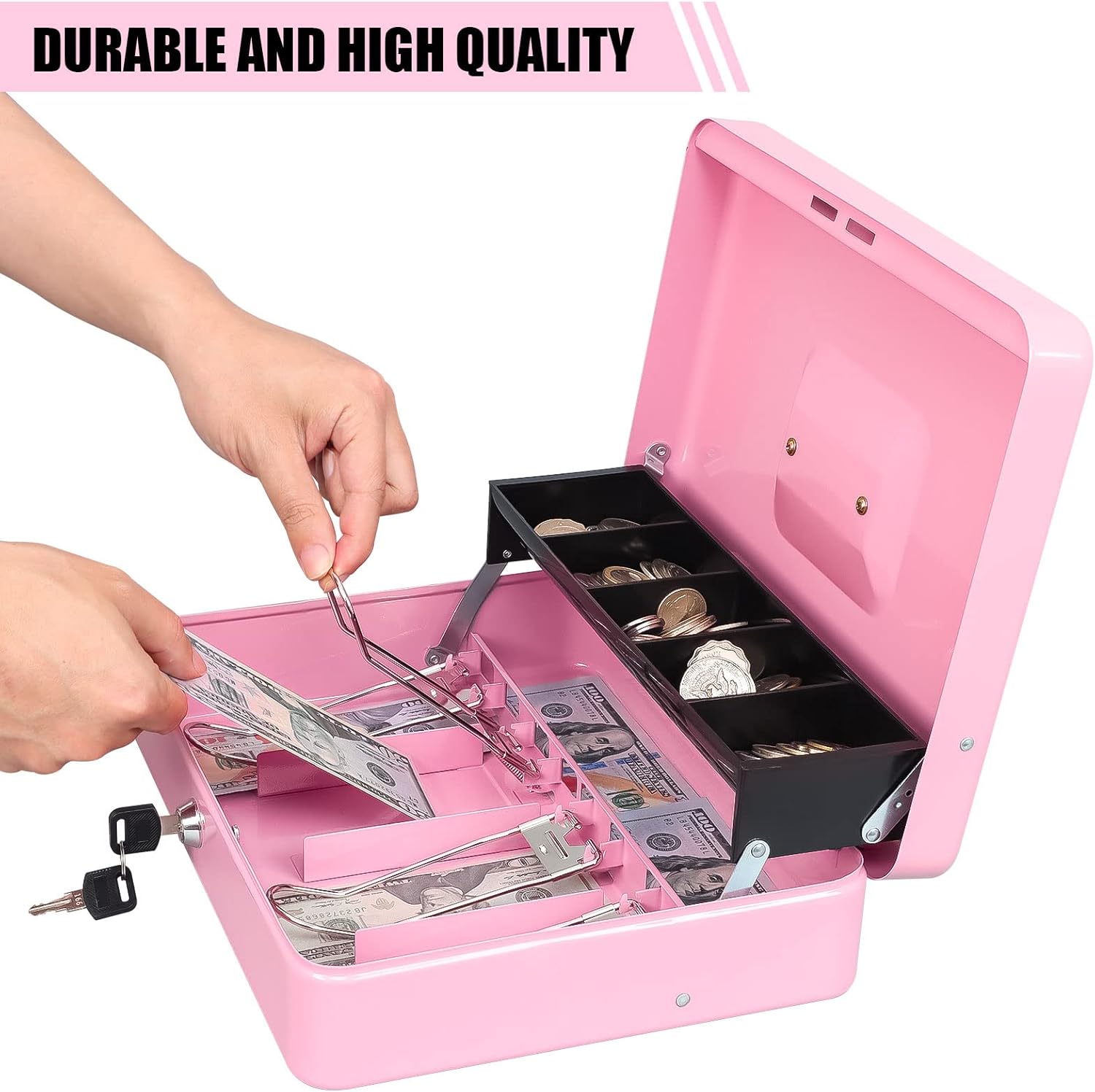 KYODOLED Cash Box with Money Tray, Money Key Lock Safe with Security Cable and Waterproof Bag, 11.81L9.45W3.54H inch, Pink X Large : Office Products