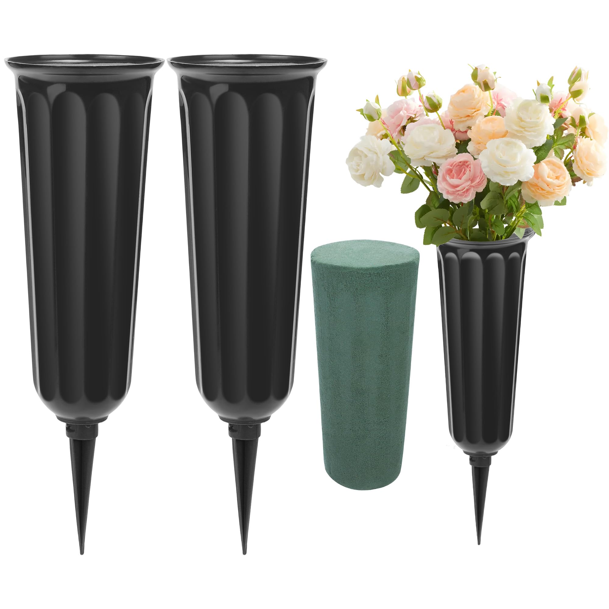 Vivantia 2 Pieces Grave Vases with Spikes & Floral Foam Cemetery Vases Graveside Flowers Holder Graves Flower Vase for Grave Yard Lawn Memorial Garden Decor (Black)