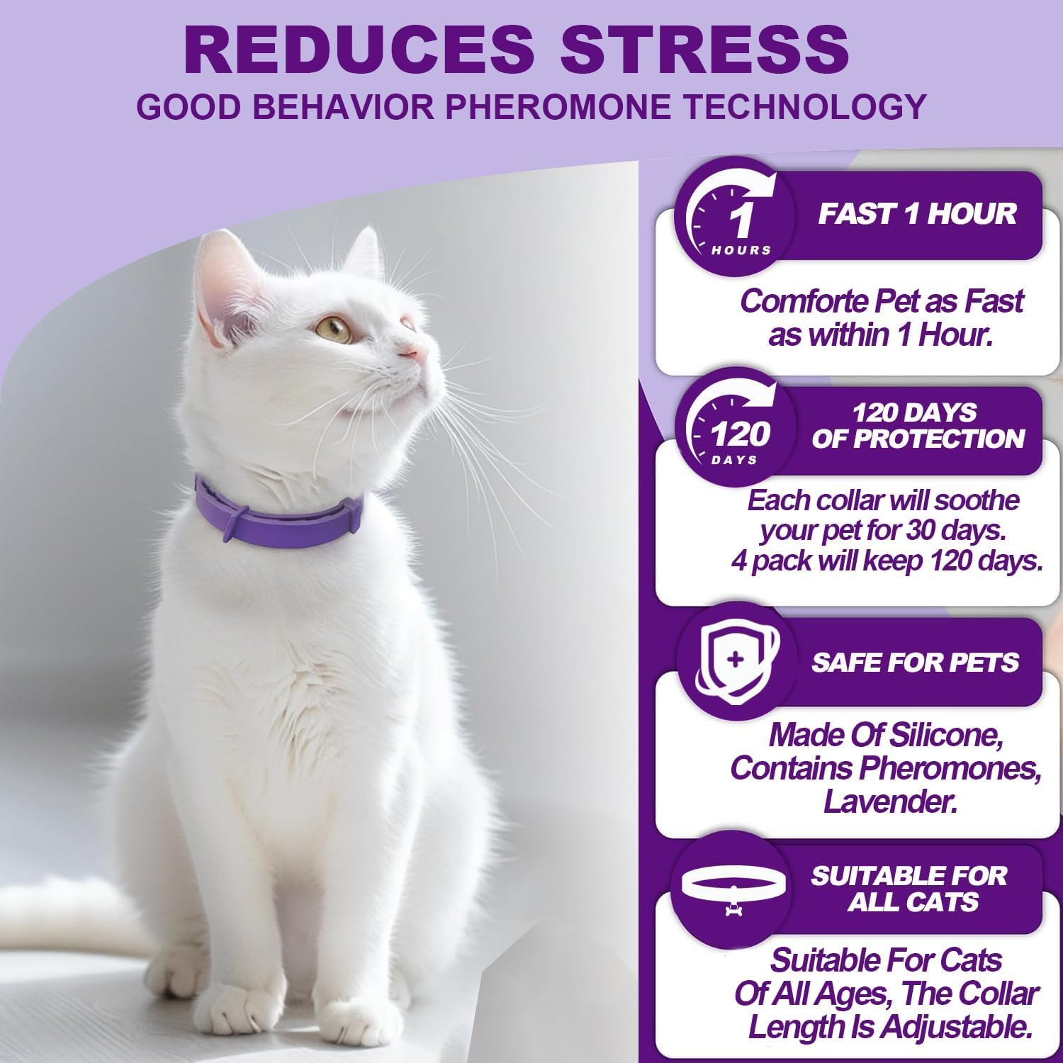 Cat Calming Collar, Calming Collar for Cats 4 Pack, Pheromone Collars for Cats – Adjustable 15″, 60-Day Lasting Stress & Anxiety Relief, Reduce Noise Fear, Scratching & Separation Anxiety (Pruple) - image 3