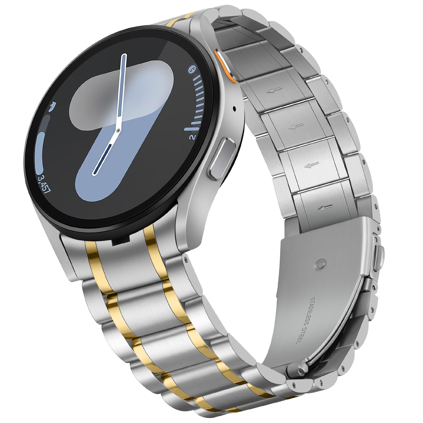 HITZEE Stainless Steel No Gap Bands Compatible with Samsung Galaxy Watch 7/6/5/4/FE Band 40/44mm/Watch 6 Classic 43/47mm/Watch 5 Pro, Samsung Watch Metal Band Strap Designed for Men/Women, Silver Gold
