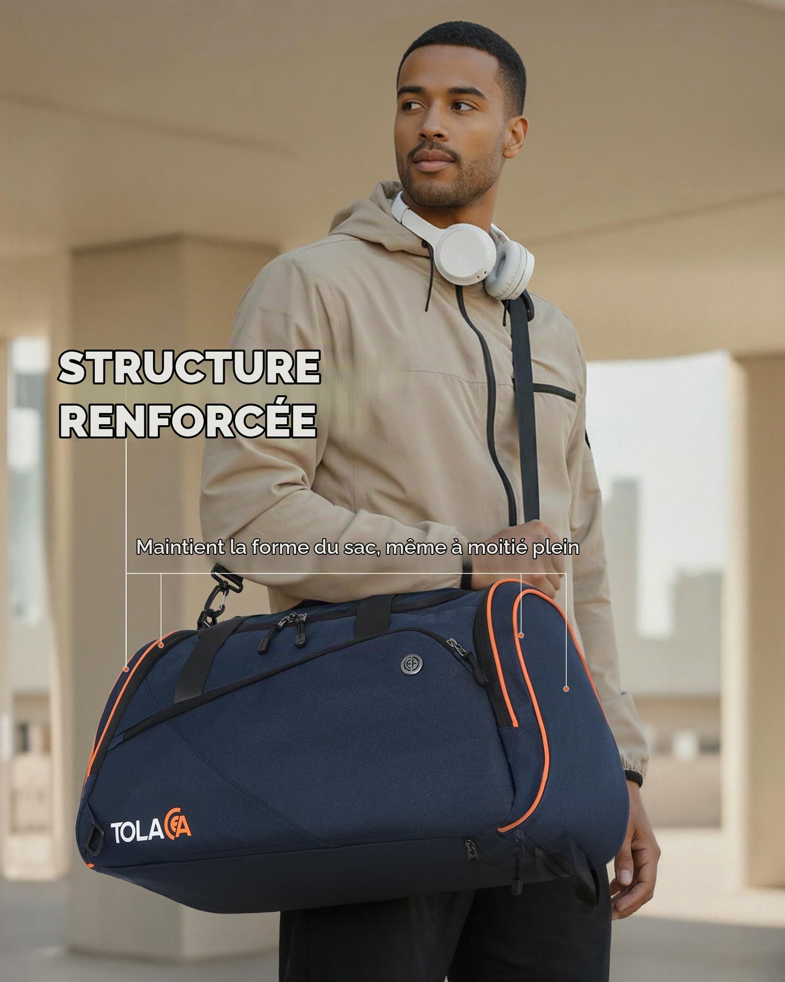 Tolaccea Sac de Sport Homme 47L avec Compartiments Chaussures et Humide | Oxford RPET déperlant | Sac Duffel convertible 3-en-1 | Compartiment chaussures & humide | Laptop 15,6" | Porte-bouteille