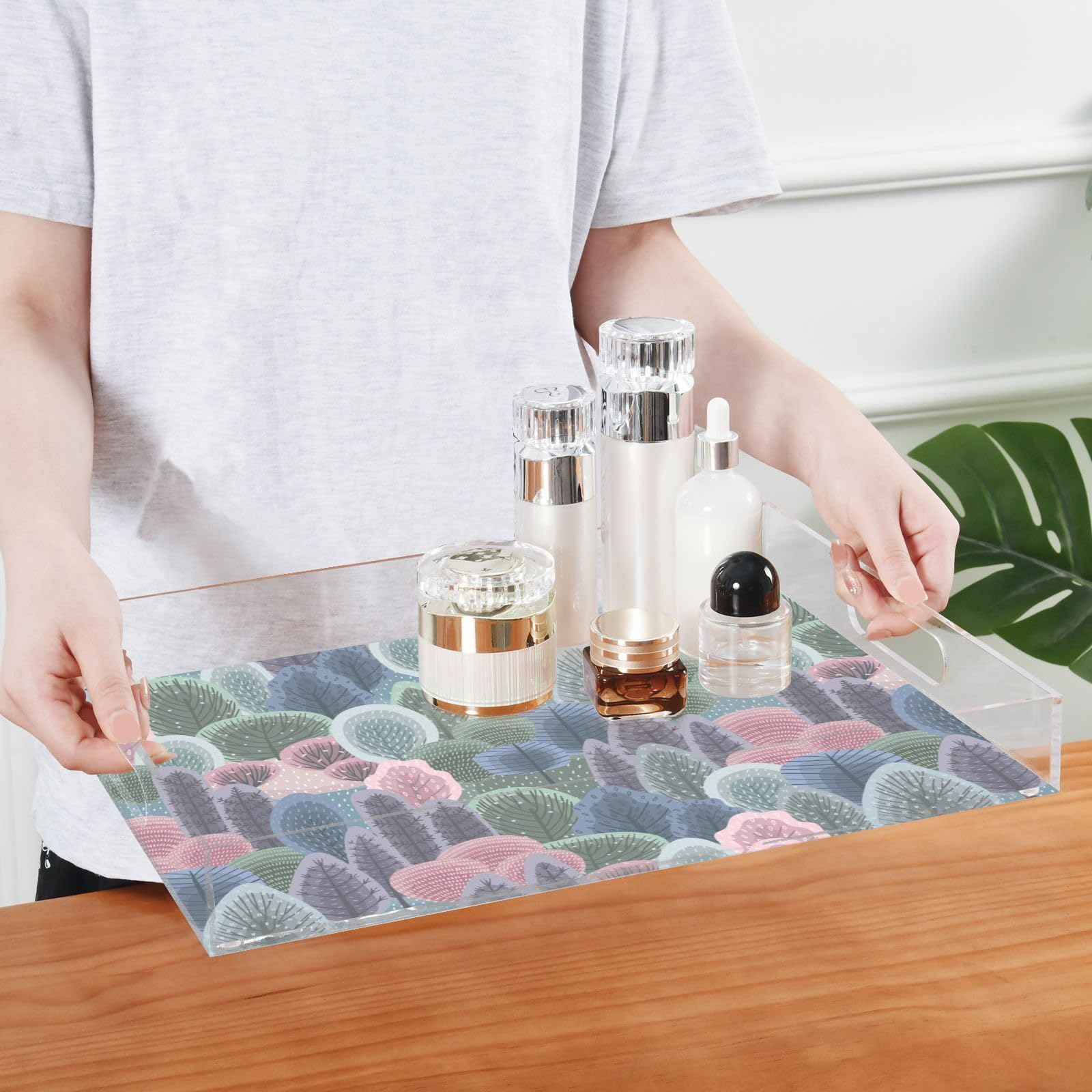 Bandeja acrílica rectangular transparente con diseño abstracto de árboles personalizados para invierno, con asas, bandeja acrílica para desayuno, bandejas impermeables para servir, transparentes, 12 x
