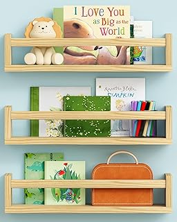 Floating Nursery Book Shelves for Wall, Natural Wood Wall Bookshelf for Kids Room Bedroom, Small Wooden Hanging Baby Book Shelf and Toy Organizer for Nursery Girl Boy Toddler Child